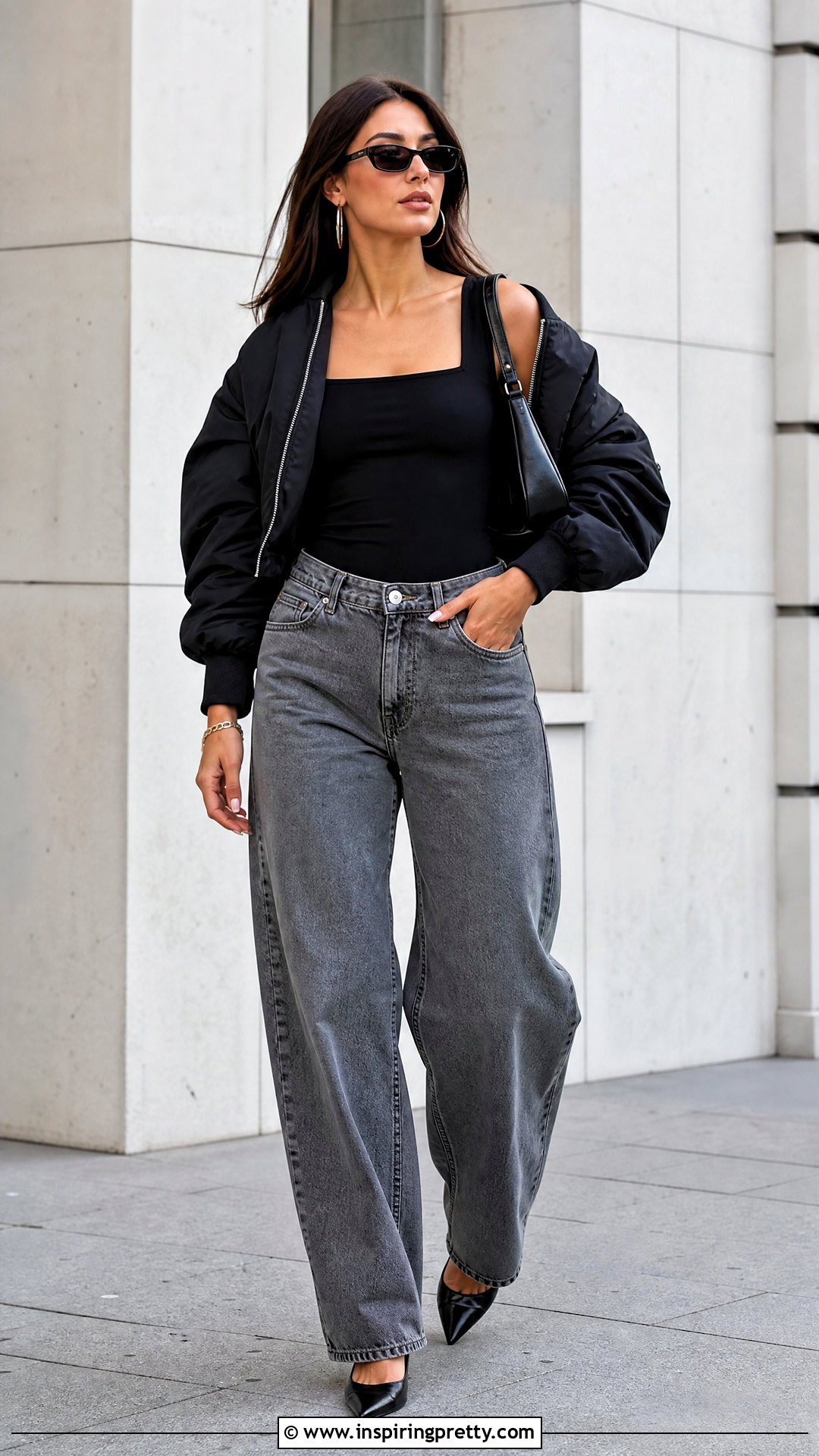 Black Square Neck Top With Baggy Jeans - 50 black going out tops outfit ideas