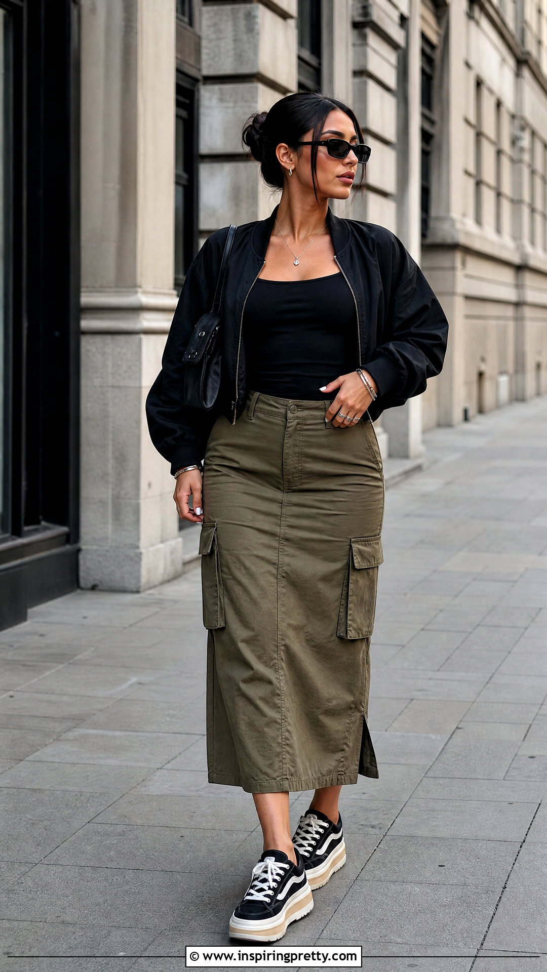 Black Square Neck Top With Cargo Midi Skirt - 50 black square neck top outfit ideas