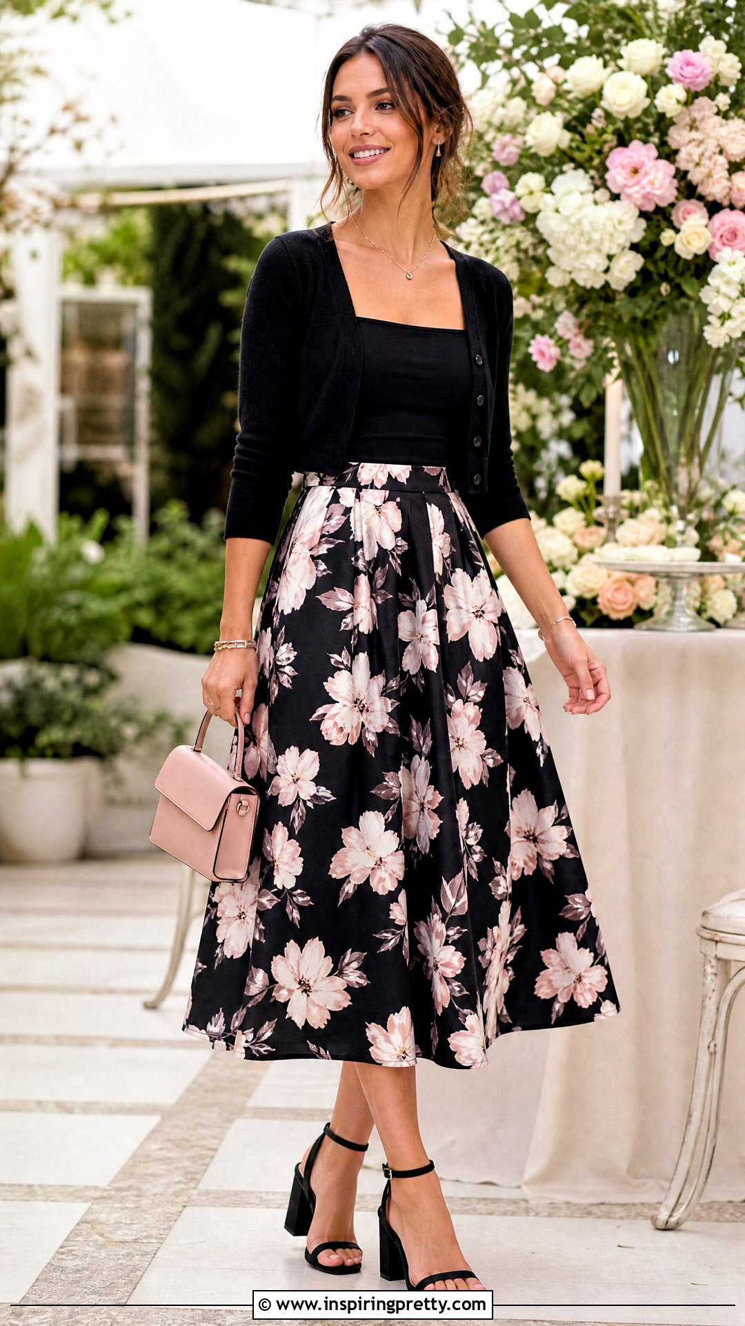 Black Square Neck Top With Floral Midi Skirt - 50 black square neck top outfit ideas