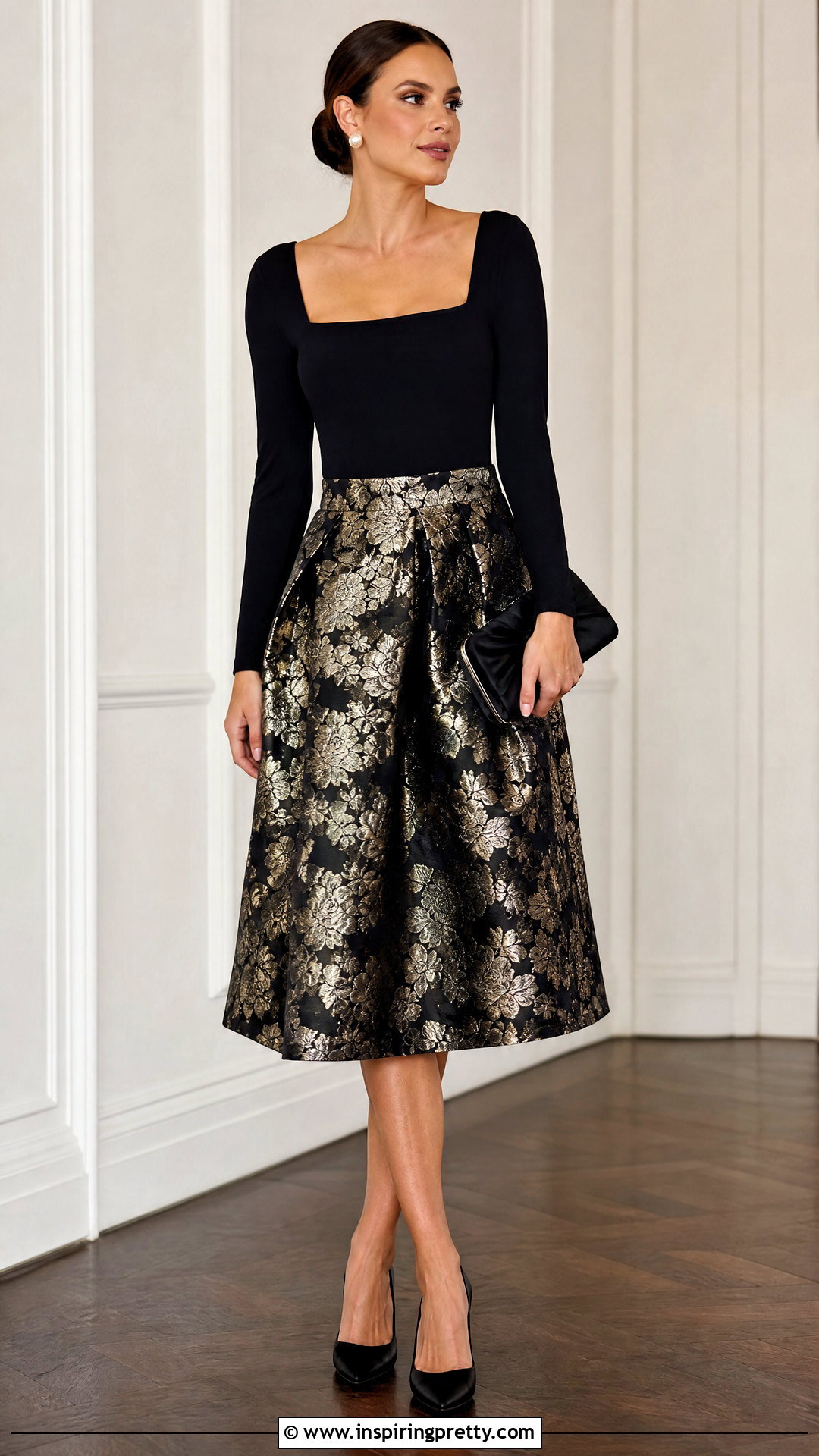 Black Square Neck Top With Jacquard Skirt - 25 Black Wedding Top outfit ideas