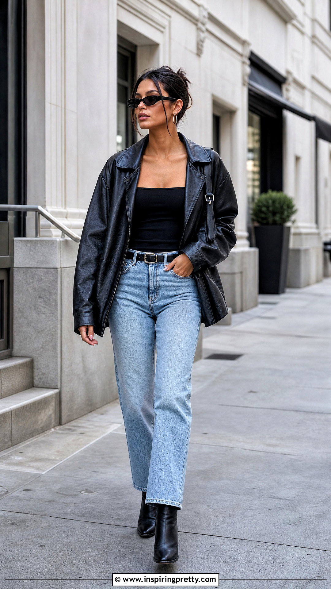 Black Square Neck Top With Leather Jacket And Jeans - 50 black square neck top outfit ideas