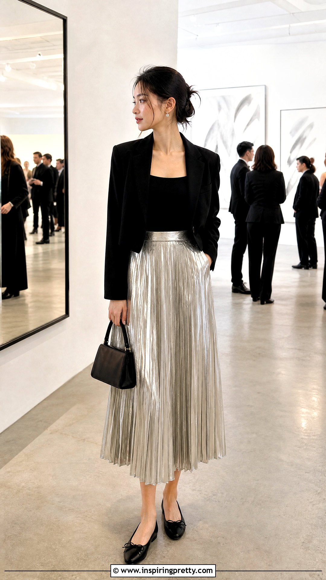 Black Square Neck Top With Metallic Midi Skirt - 50 black square neck top outfit ideas