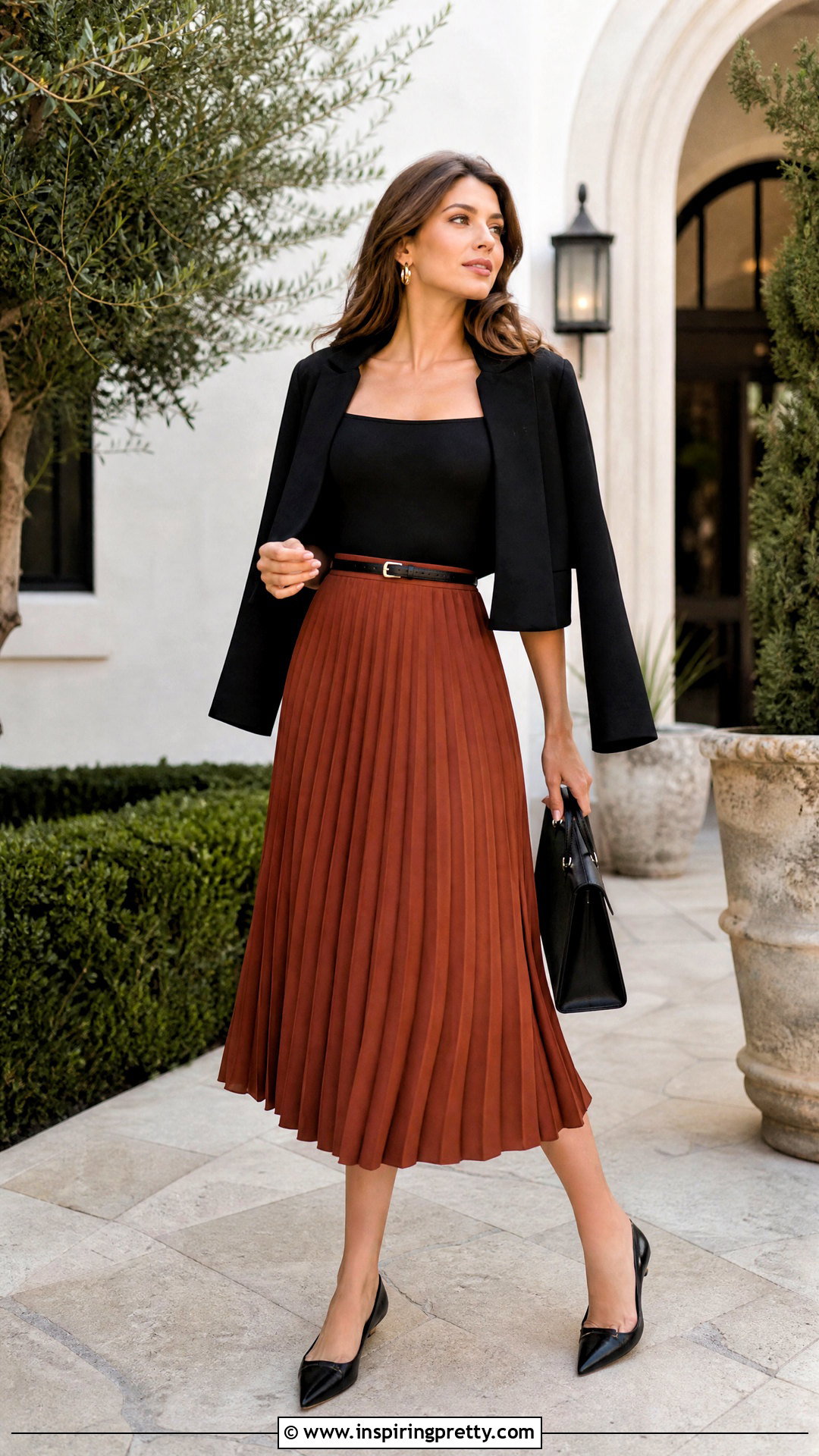 Black Square Neck Top With Pleated Midi Skirt - 50 black square neck top outfit ideas