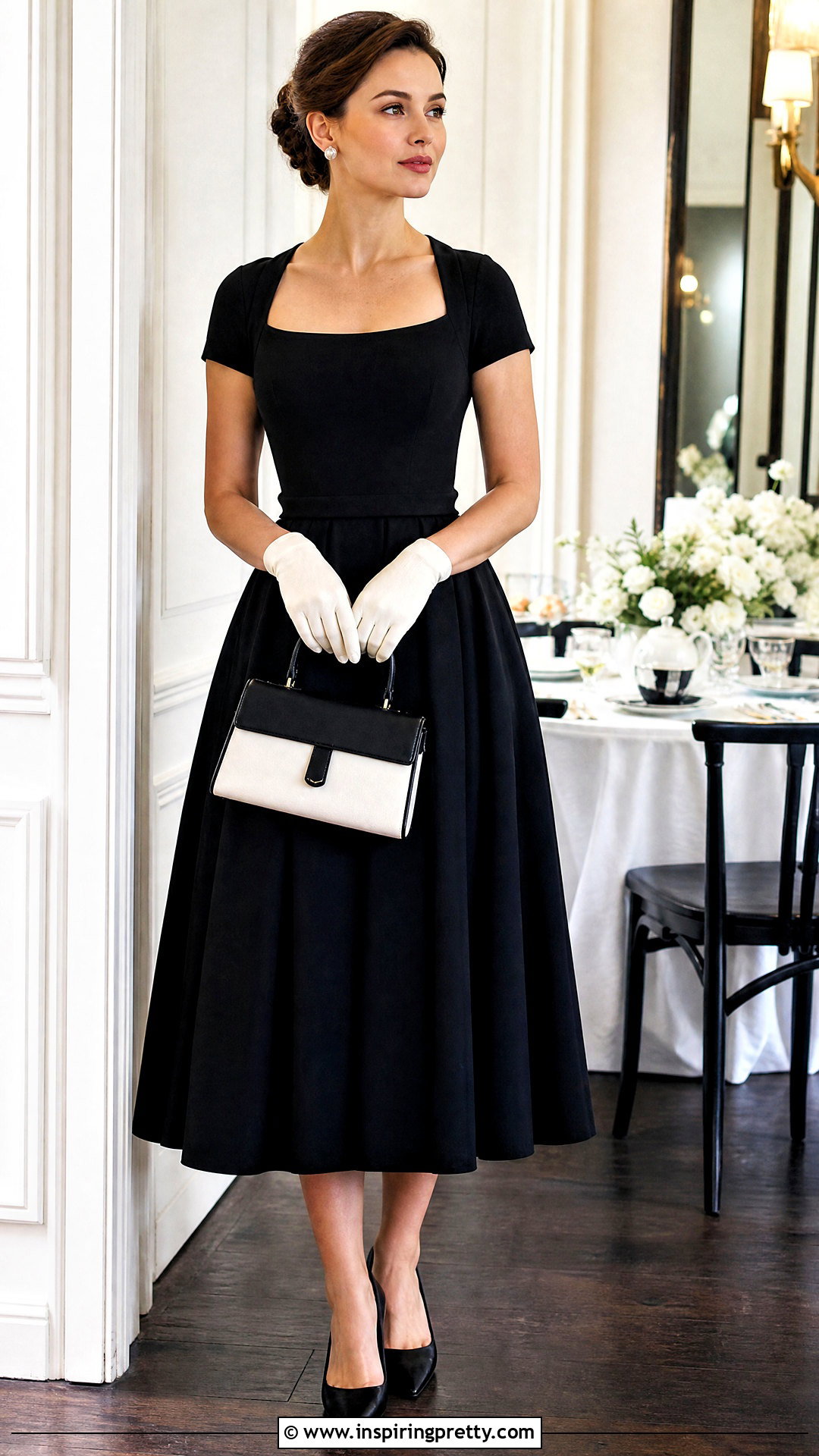 Black Square Neck Top With White Gloves And Full Skirt - 25 Black Top With Gloves
