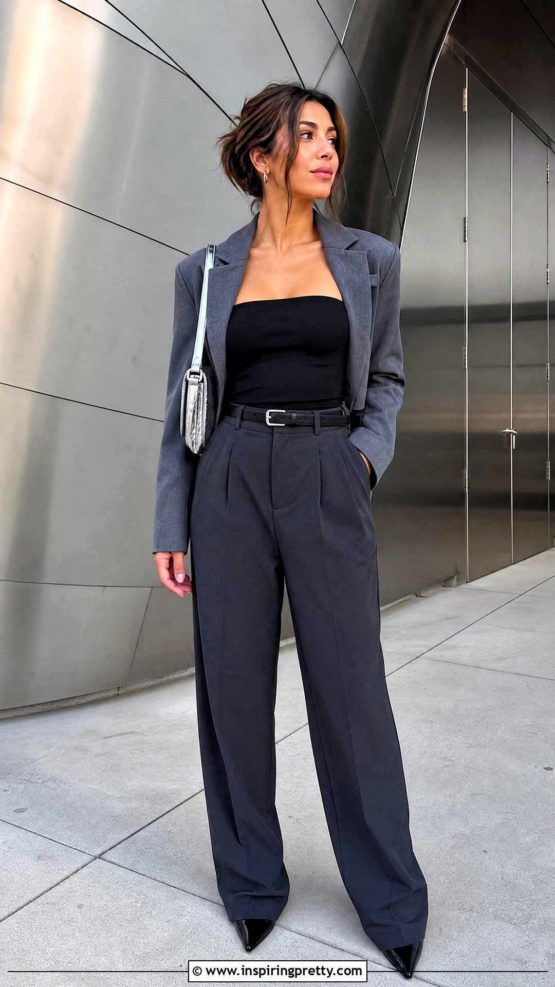 Black Strapless Top With Gray Pleated Trousers - 50 black strapless top outfit ideas