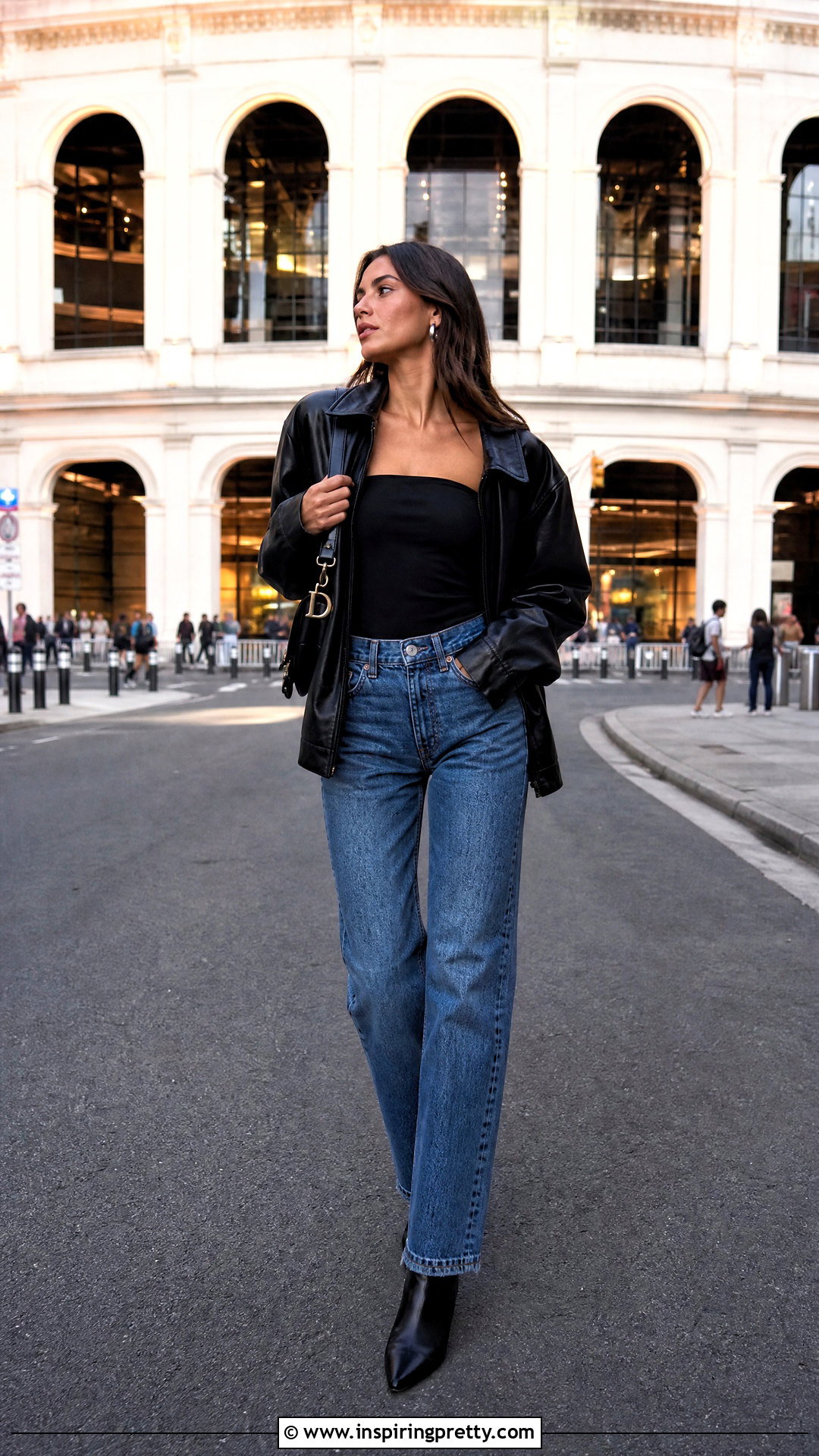 Black Strapless Top With Leather Jacket - 50 black strapless top outfit ideas