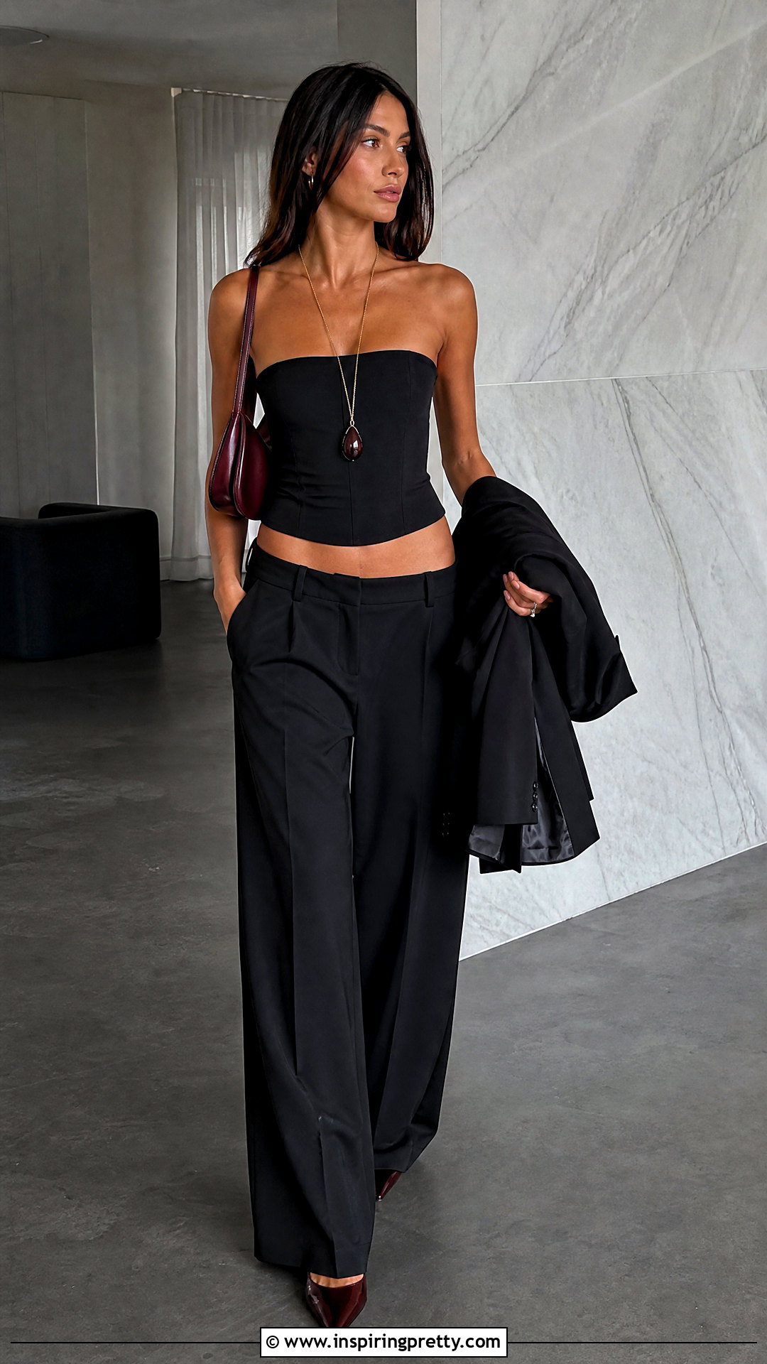 Black Strapless Top With Low Rise Trousers - 50 black going out tops outfit ideas