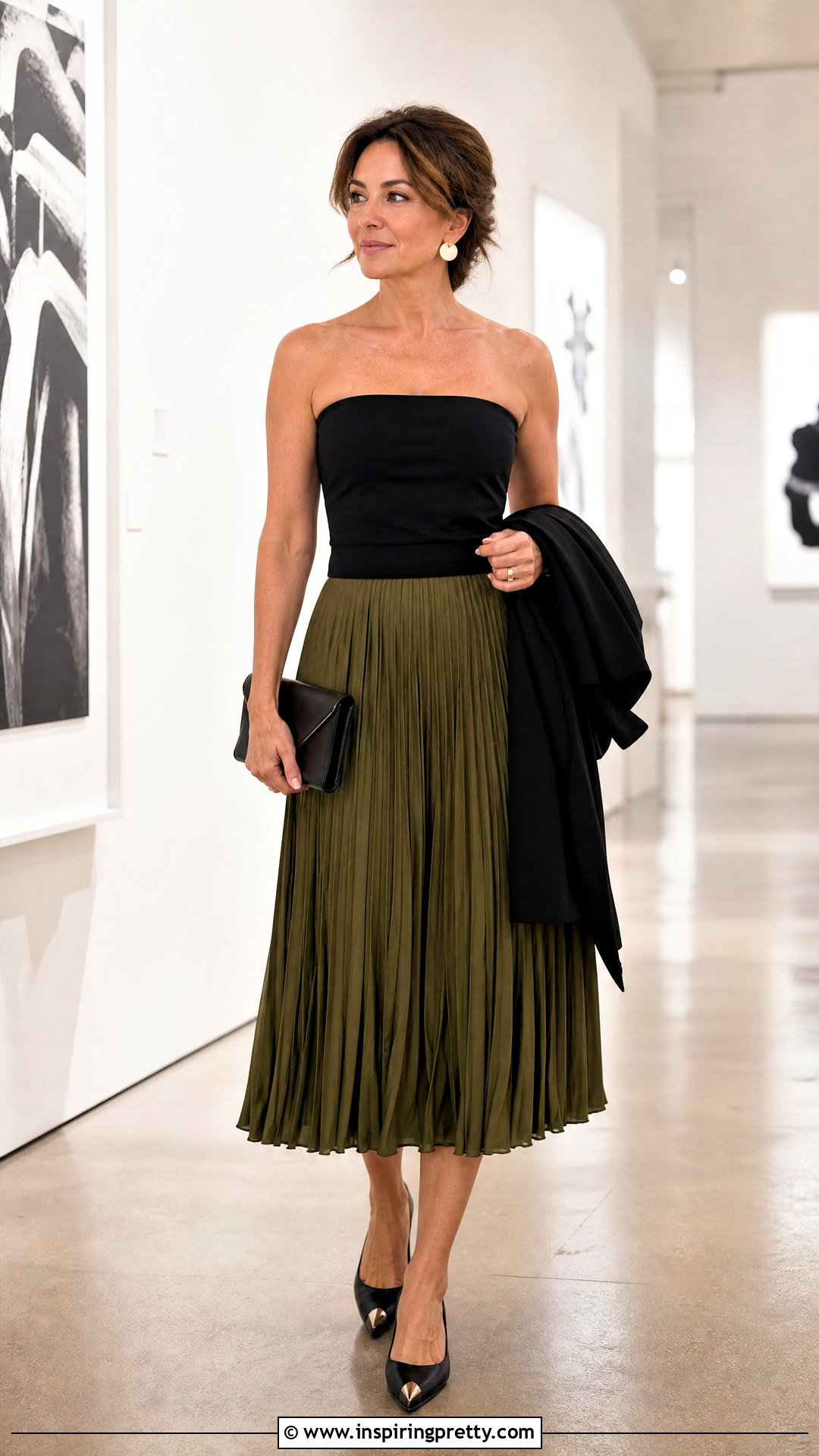 Black Strapless Top With Pleated Midi Skirt - 50 black strapless top outfit ideas