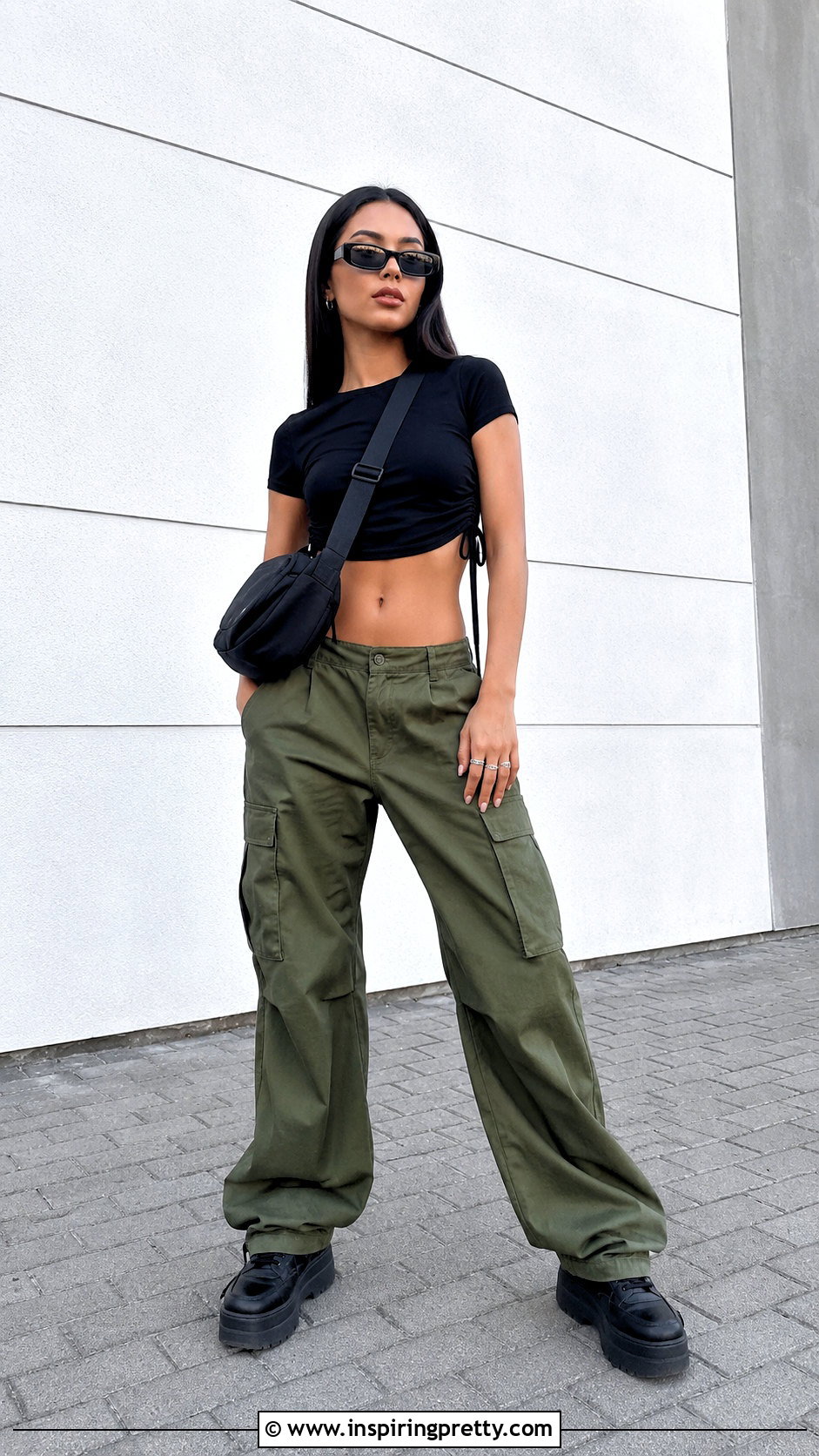 Black String Crop Top With Cargo Pants - 20 Crop Top With Strings Hanging Outfit Ideas