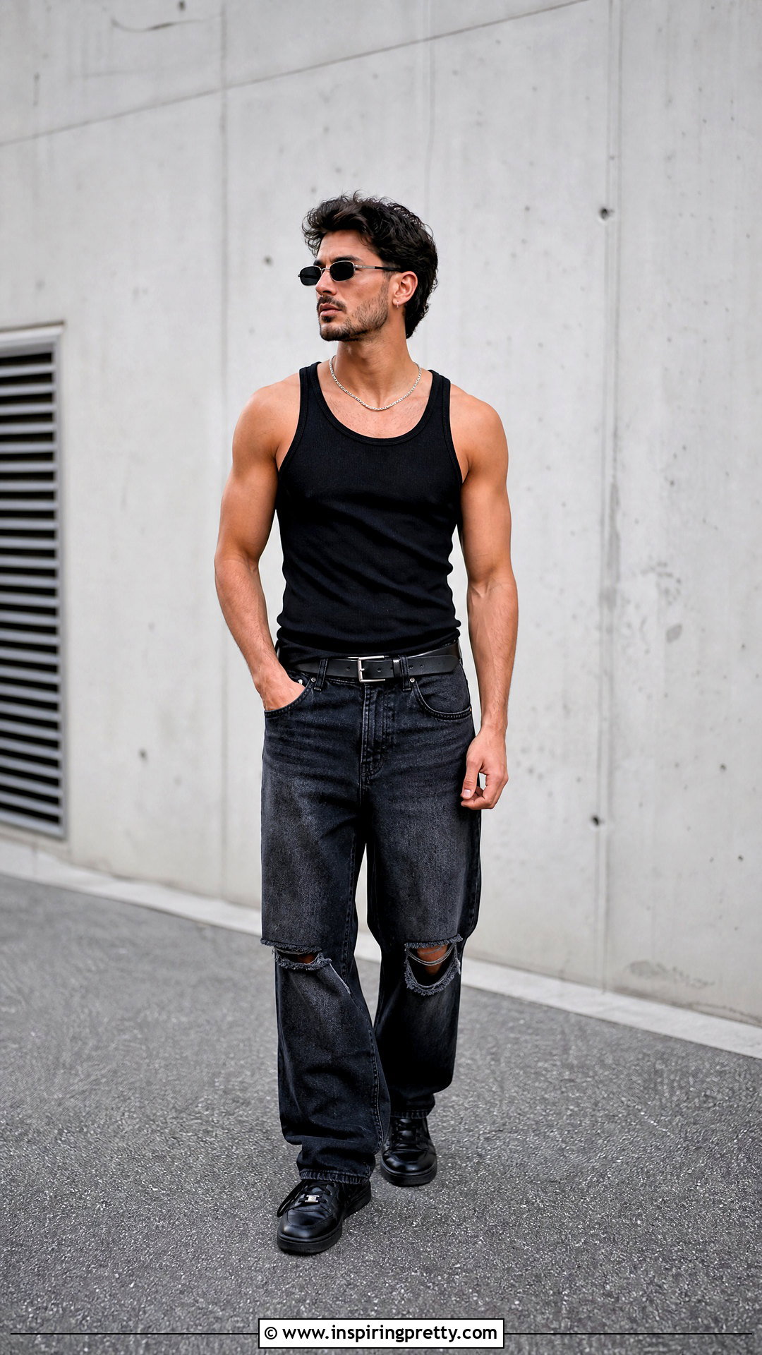 Black String Tank Top With Ripped Jeans - 25 String Tank Top Men outfit ideas