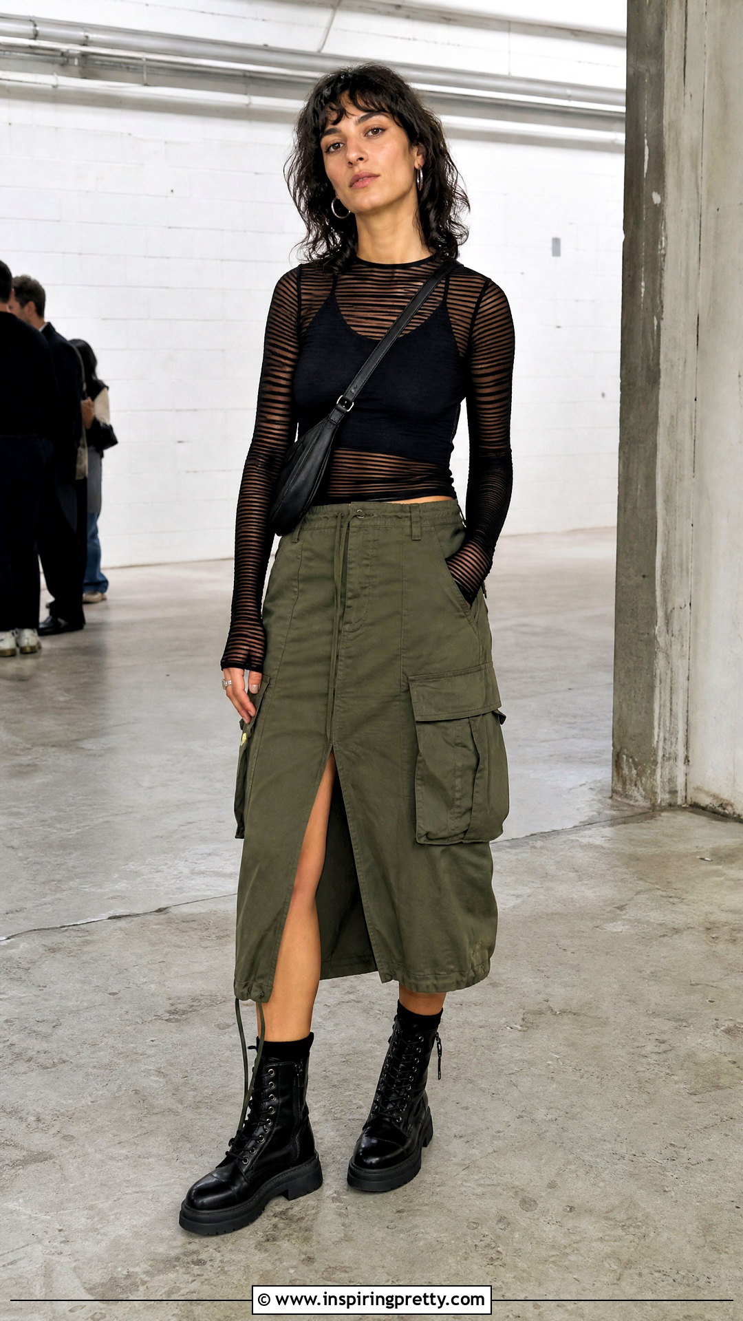 Black Striped Mesh Top With Cargo Skirt - 50 black transparent top outfit ideas
