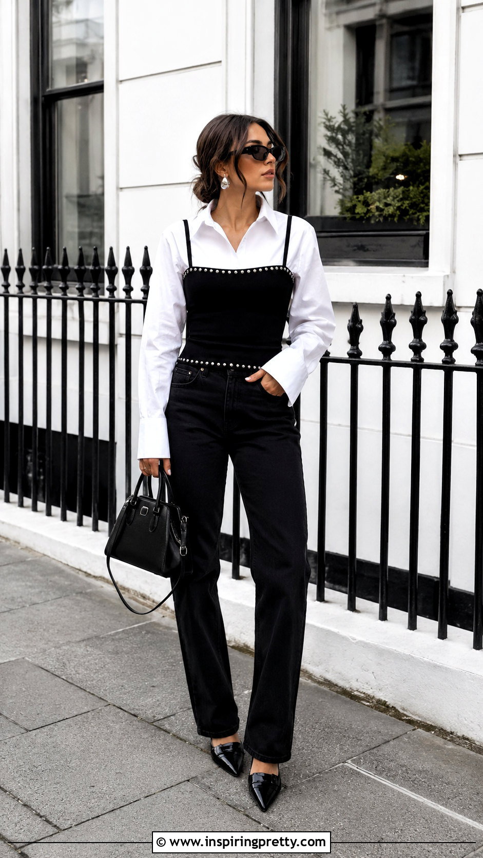Black Studded Top Over A White Shirt - 20 black top with silver studs