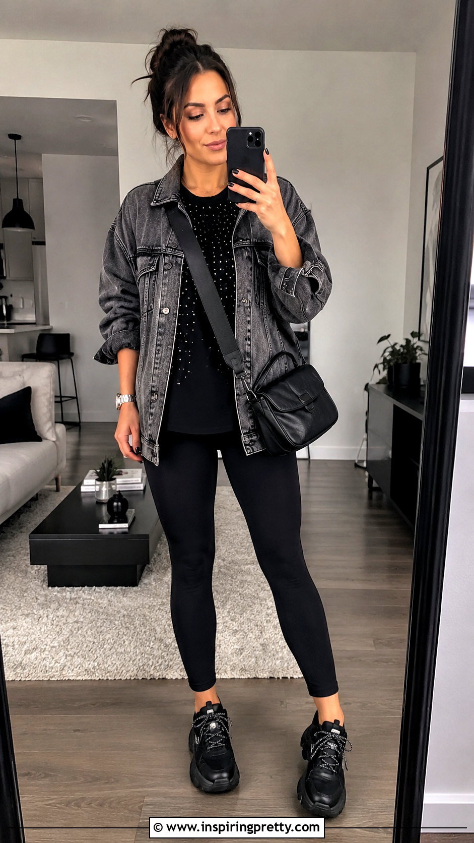 Black Studded Top With Leggings And Oversized Jacket - 20 black top with silver studs