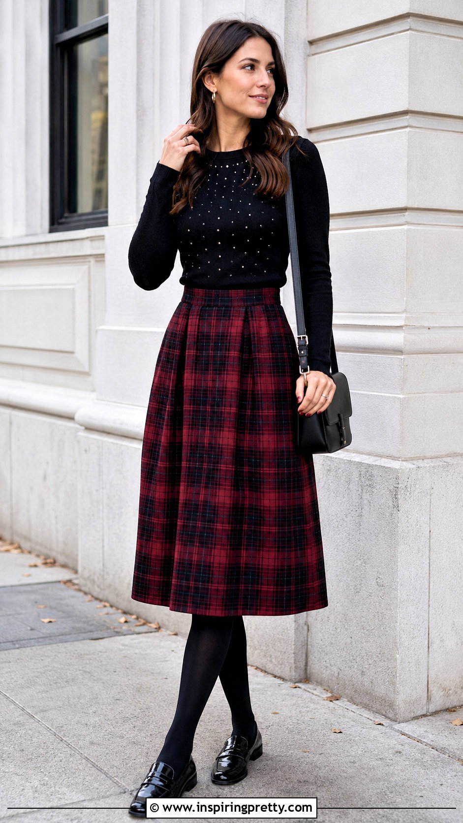 Black Studded Top With Plaid Midi Skirt - 20 black top with silver studs
