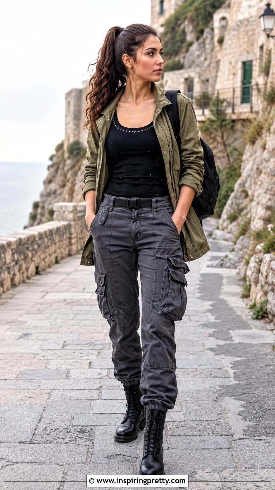 Black Studded Top With Utility Jacket And Cargos - 20 black top with silver studs