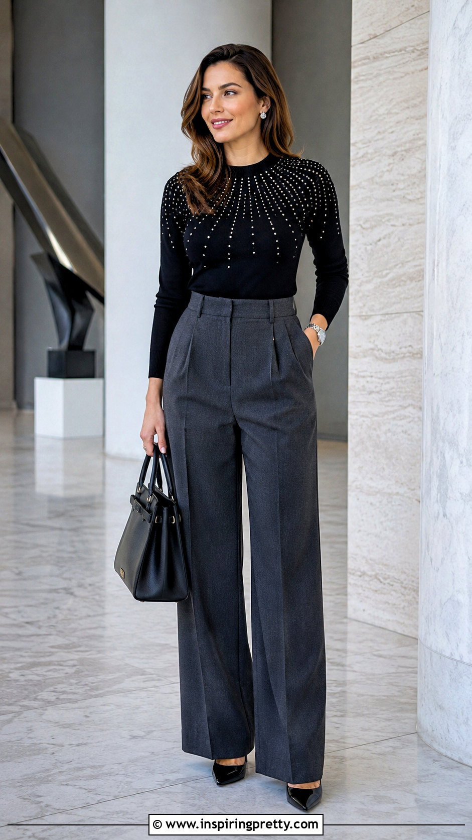Black Studded Top With Wide Leg Trousers - 20 black top with silver studs