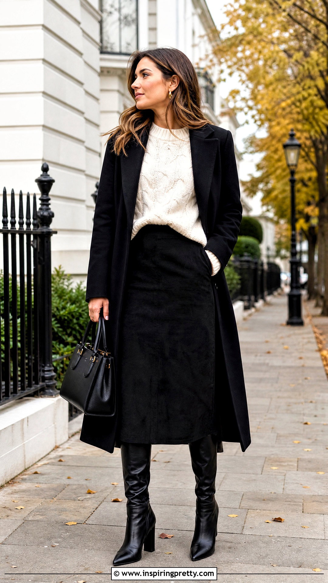 Black Suede Skirt And White Cable Knit Sweater Outfit - 50 Black Skirt And White Top Outfit ideas
