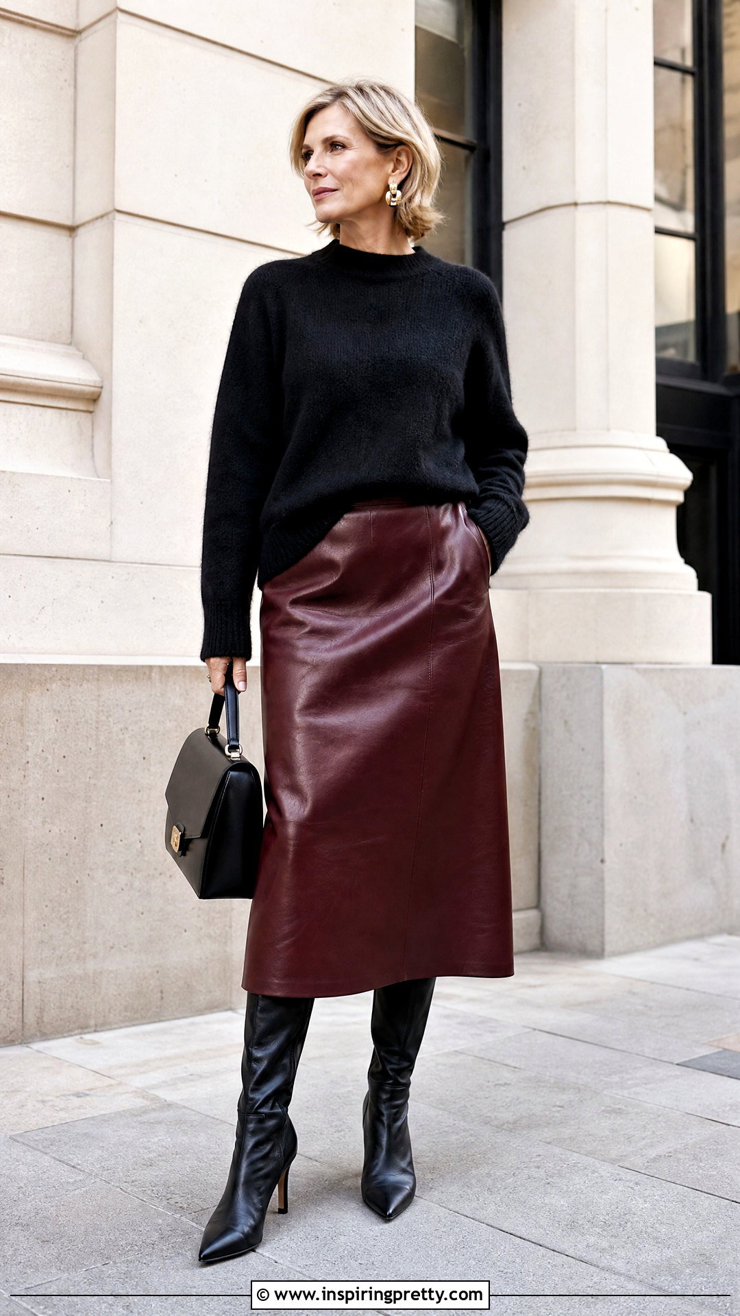 Black Sweater And Leather Midi Skirt Outfit - 50 black top and skirt outfits