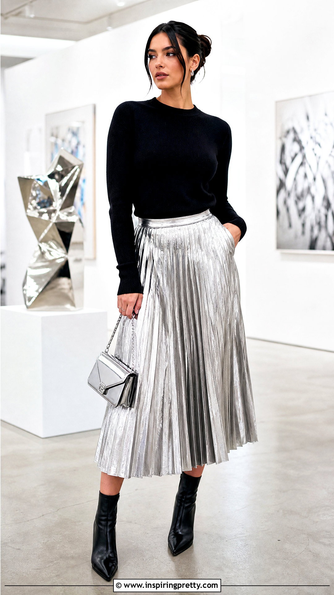 Black Sweater Top With Metallic Skirt - 25 Dua Lipa Black Top outfit ideas