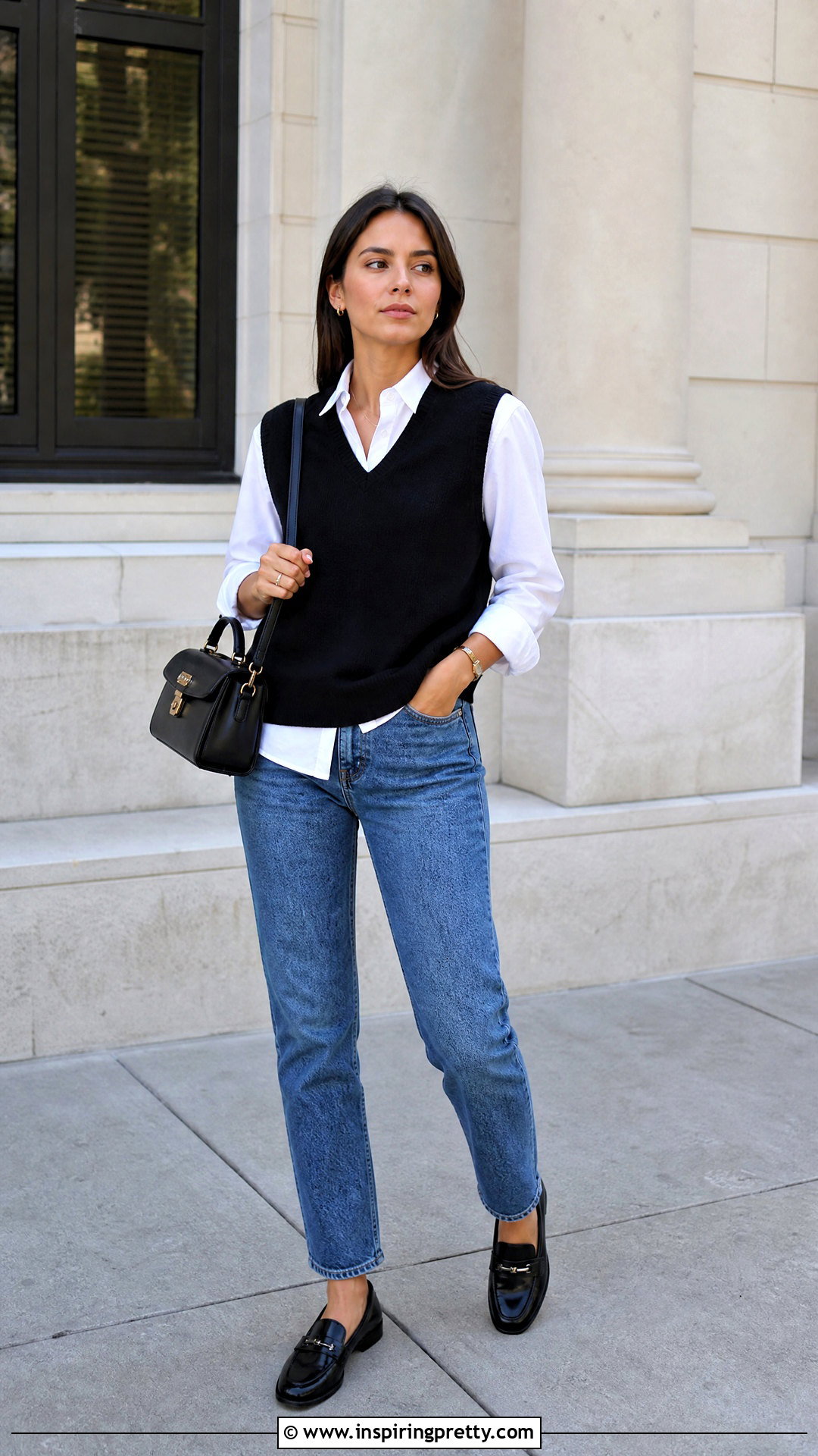 Black Sweater Vest With Blue Jeans And White Shirt - 50 black top and blue jeans outfit ideas