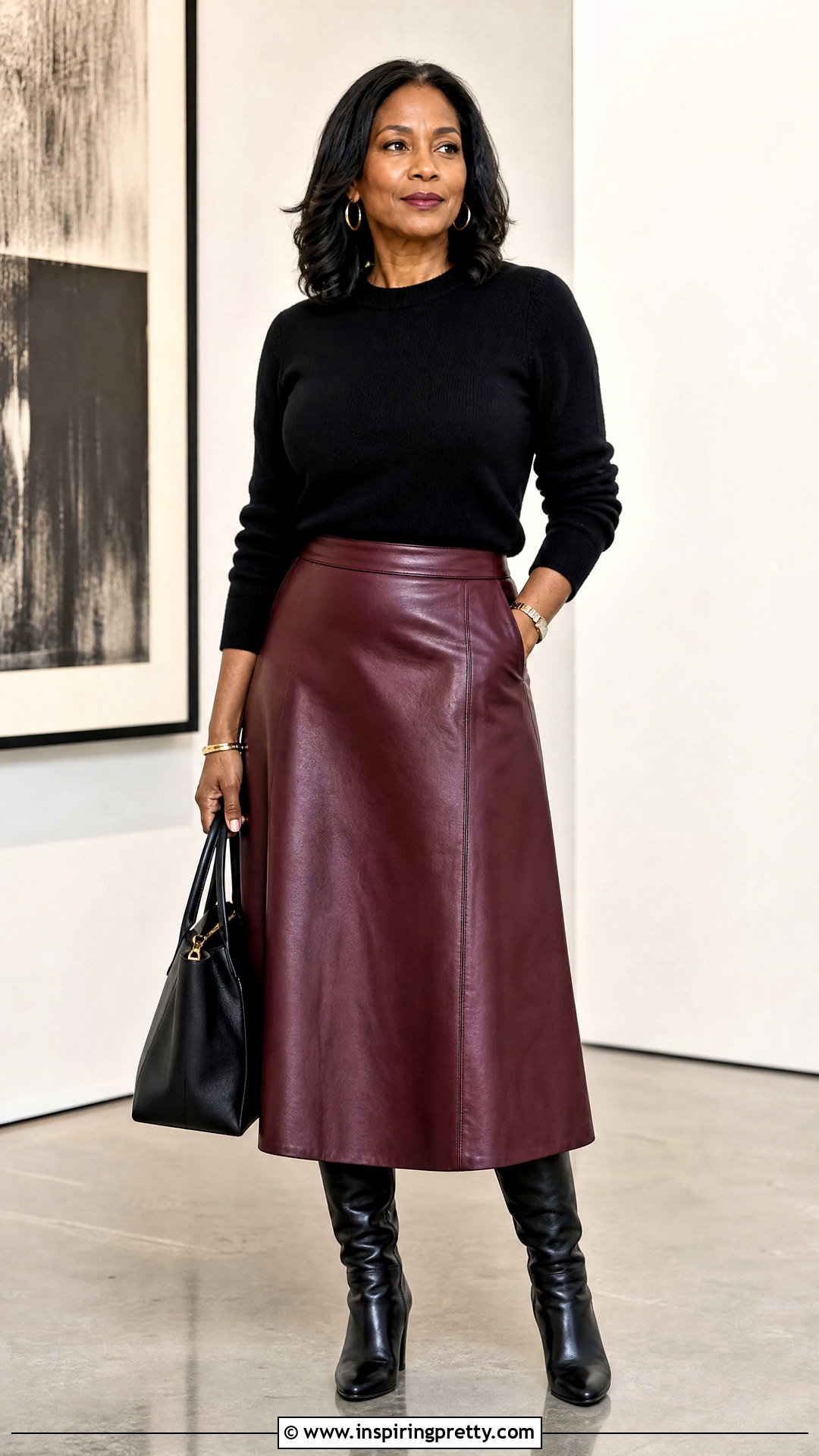 Black Sweater With Leather Midi Skirt - 25 Black Tops Black Women