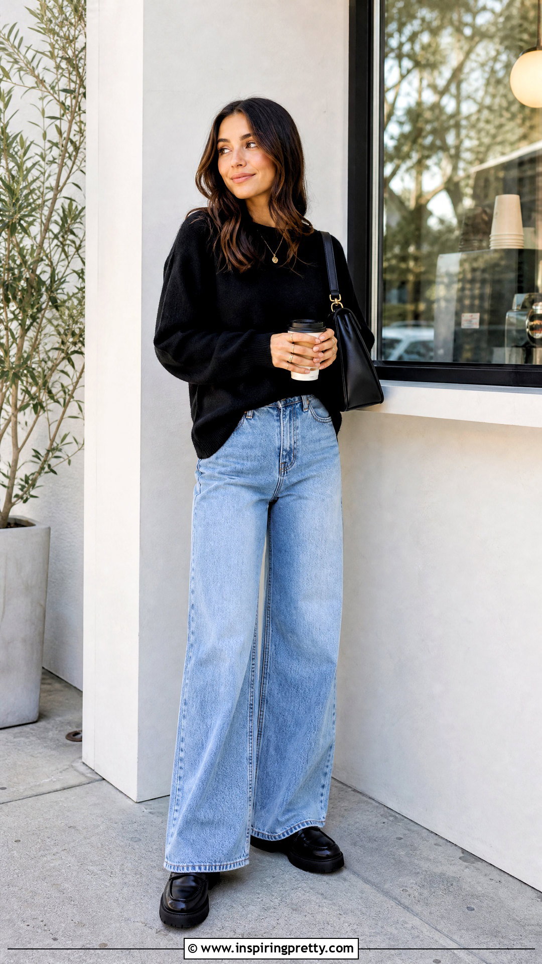 Black Sweater With Light Blue Wide Leg Jeans - 50 blue jeans black top outfit ideas