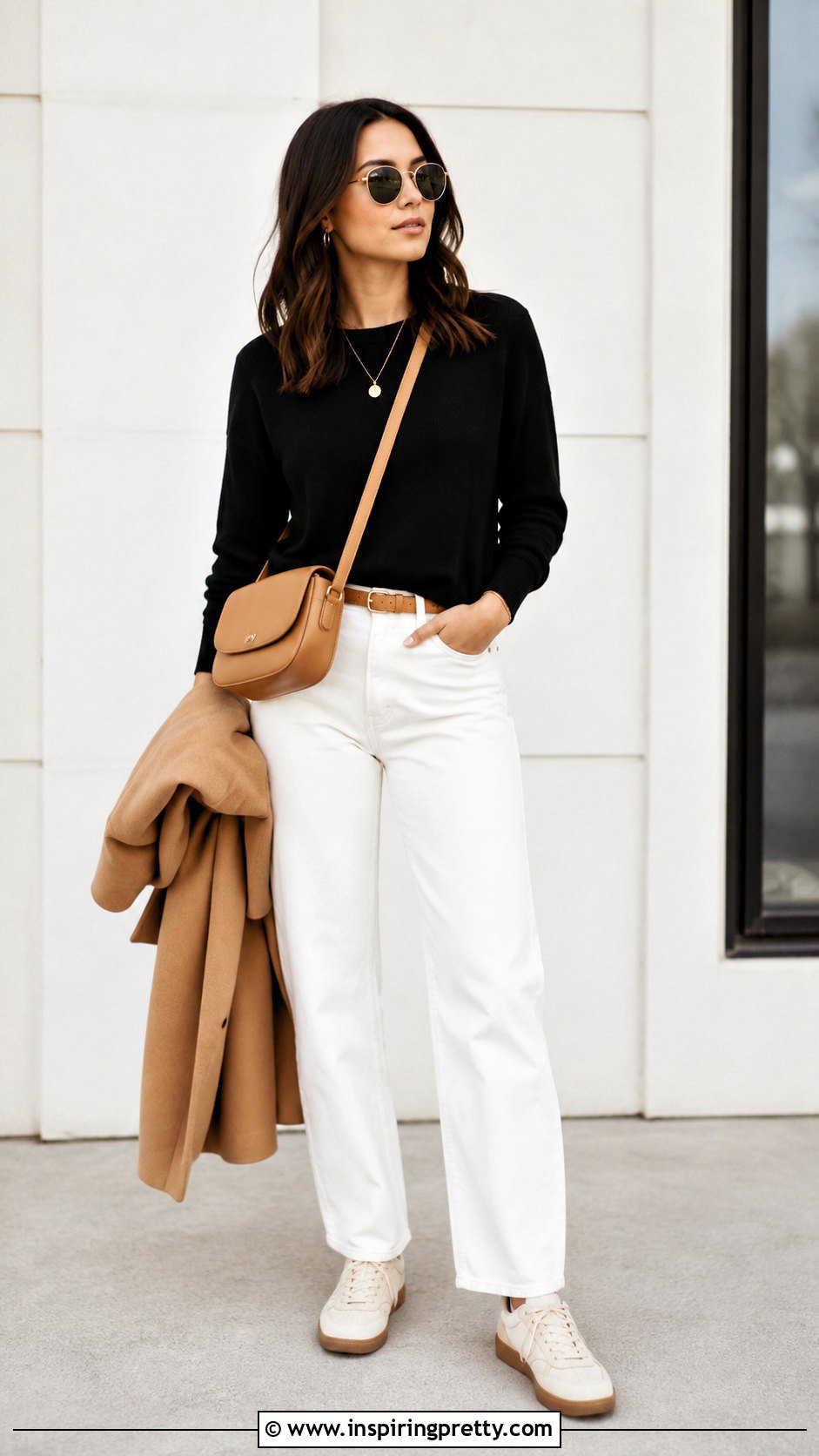 Black Sweater With White Jeans And Neutral Sneakers - 20 Casual Black Top With Jeans