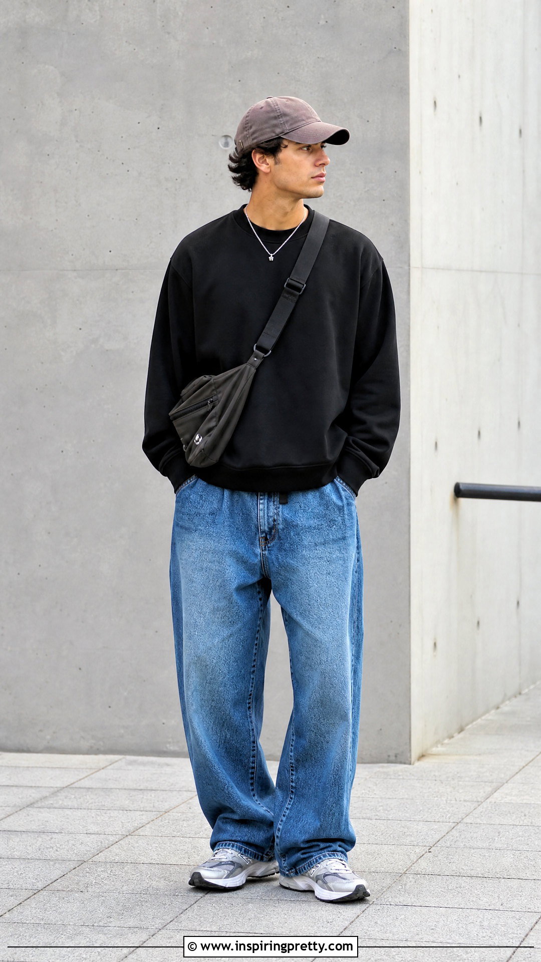 Black Sweatshirt Baggy Blue Jeans Retro Sneakers - 20 Black Top Blue Jeans Mens