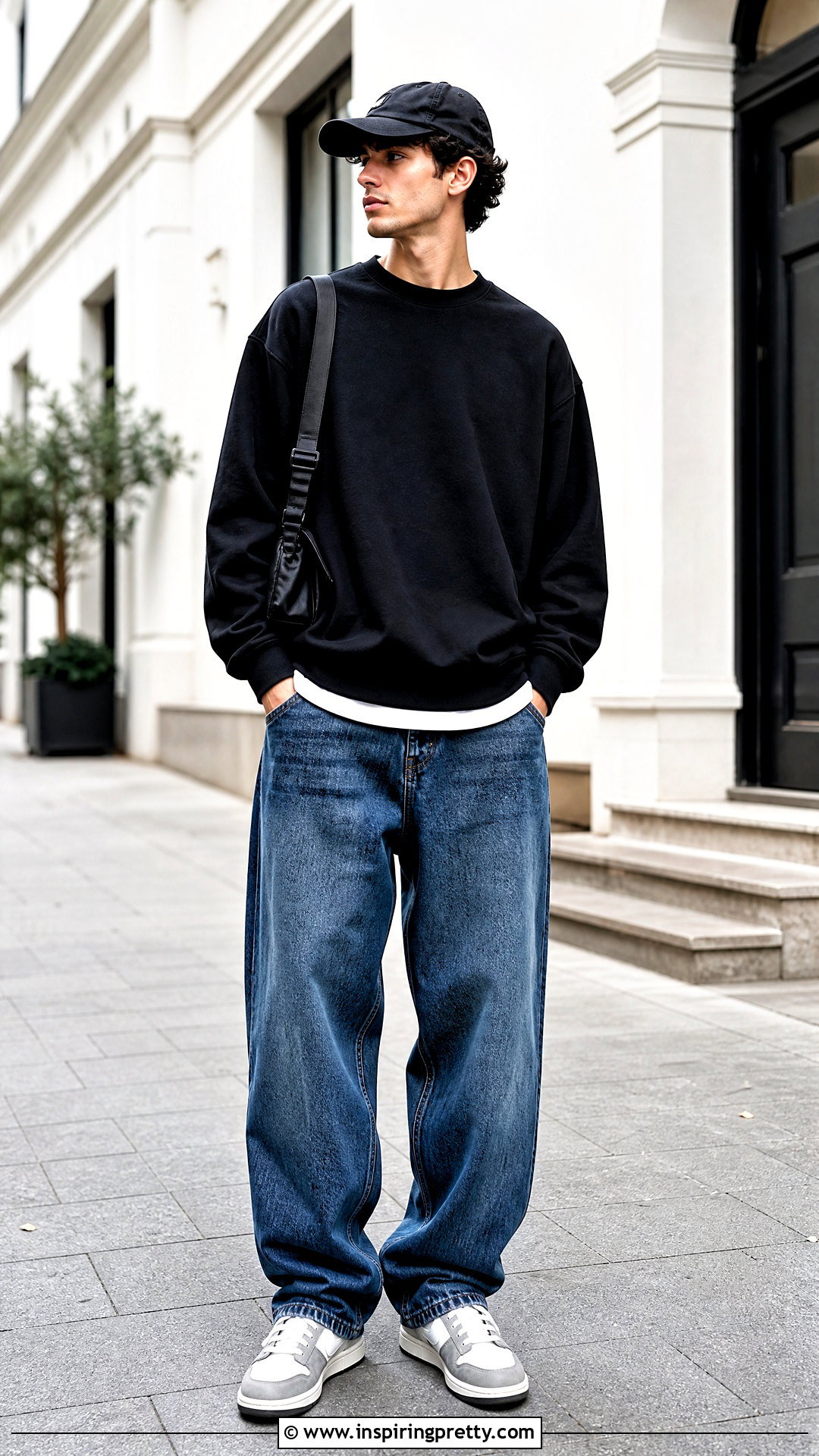 Black Sweatshirt With Baggy Jeans And Retro Sneakers - 25 Black Top With Jeans Men