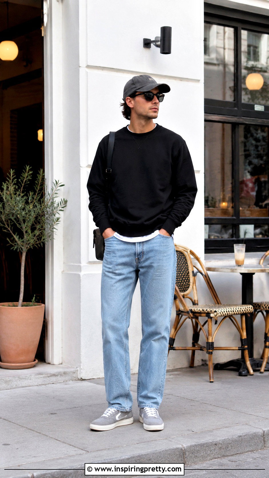 Black Sweatshirt With Light Blue Jeans And Retro Sneakers - 20 Light Blue Jeans Black Top Men