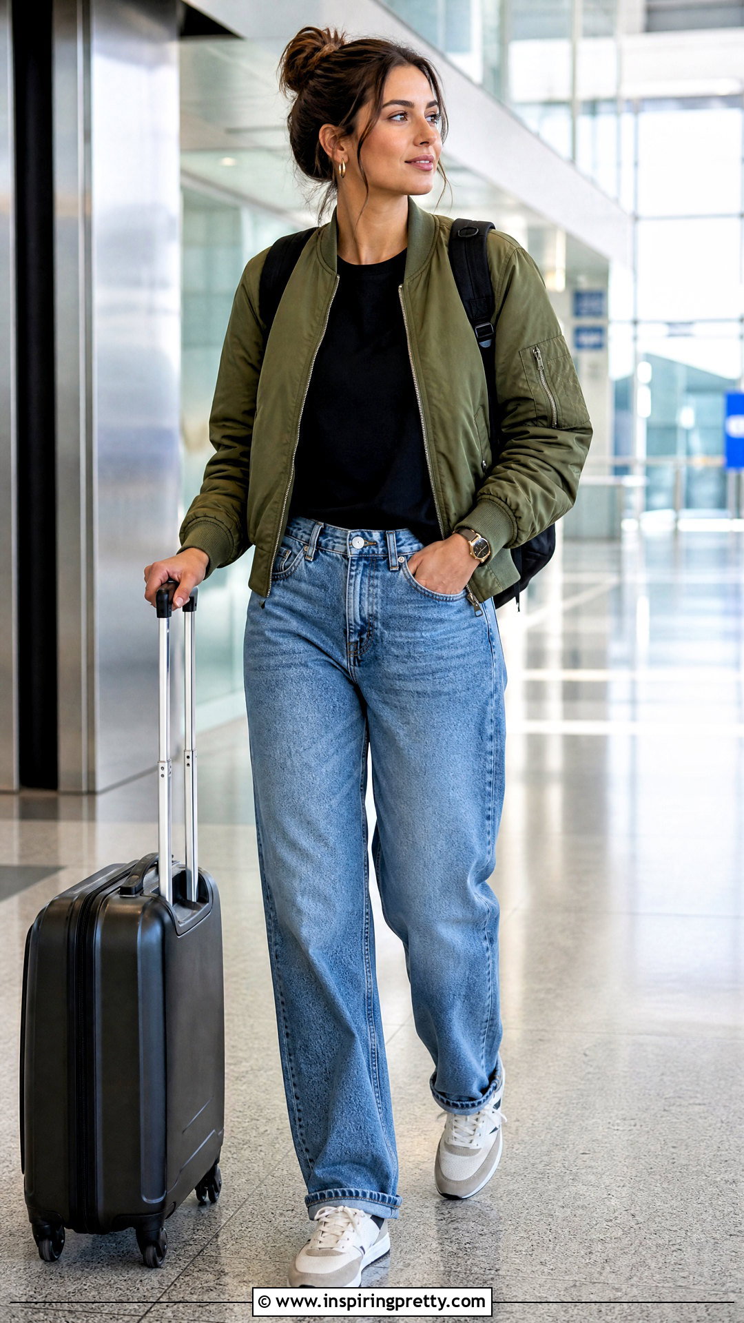 Black T Shirt And Bomber Jacket With Blue Jeans - 50 blue jeans black top outfit ideas