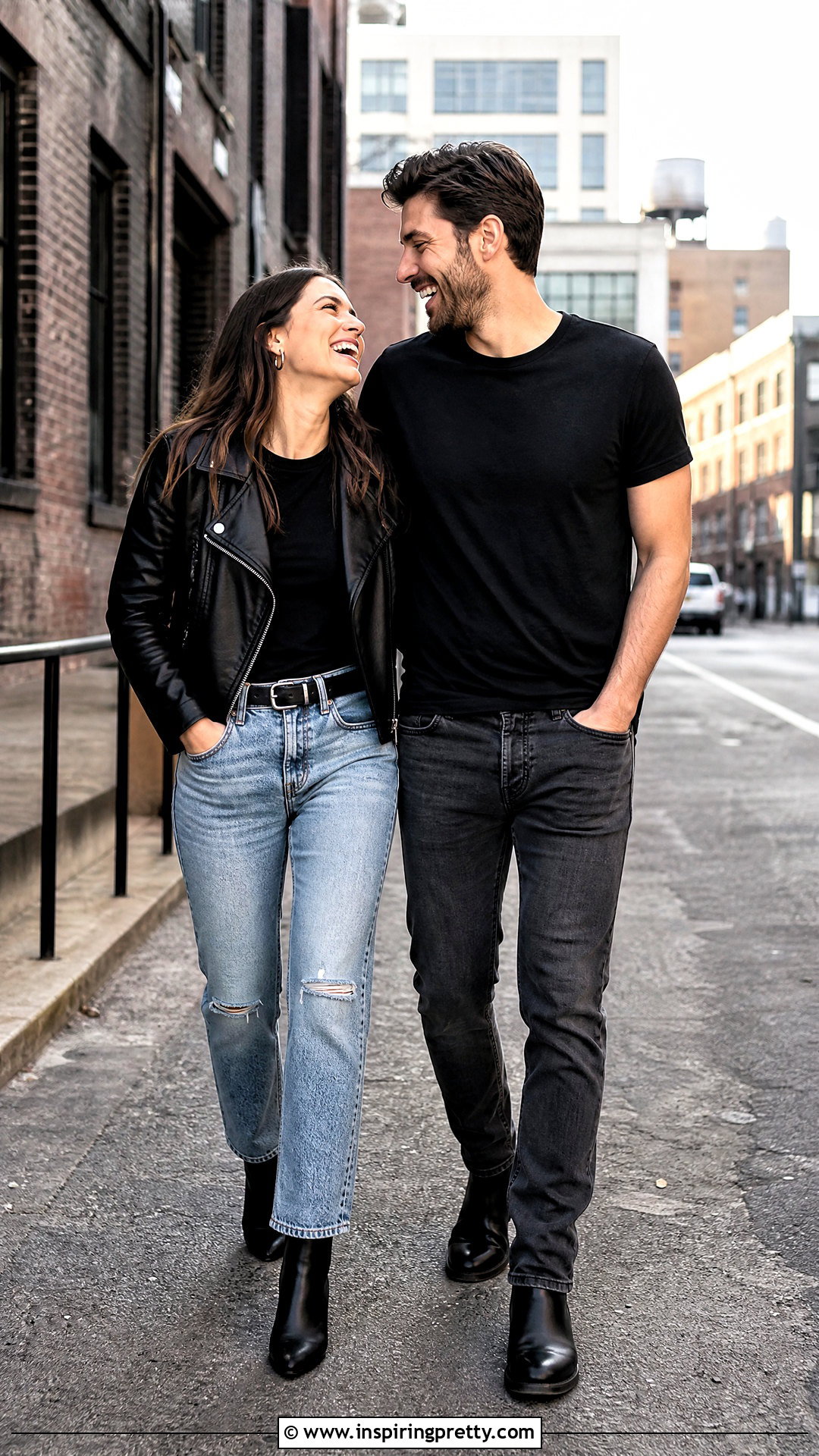 Black T Shirt And Distressed Jeans With Leather Jacket - 25 black top and jeans engagement photos
