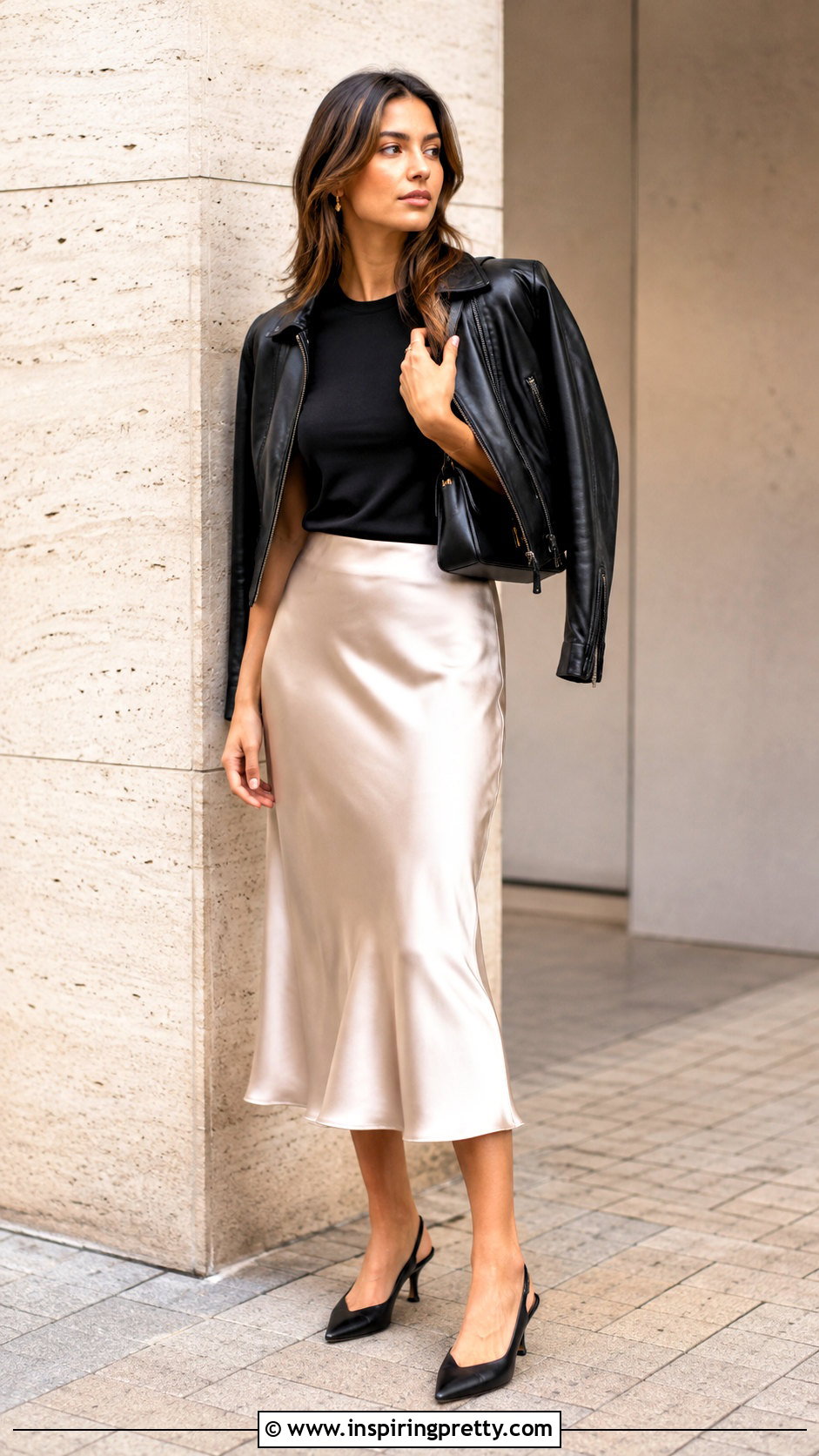 Black T Shirt And Satin Midi Skirt Outfit - 50 must have tops outfit ideas