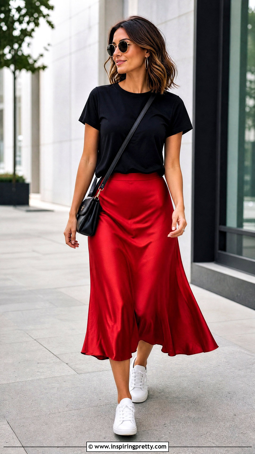 Black T Shirt Red Satin Midi Skirt Outfit - 20 black top red skirt outfits
