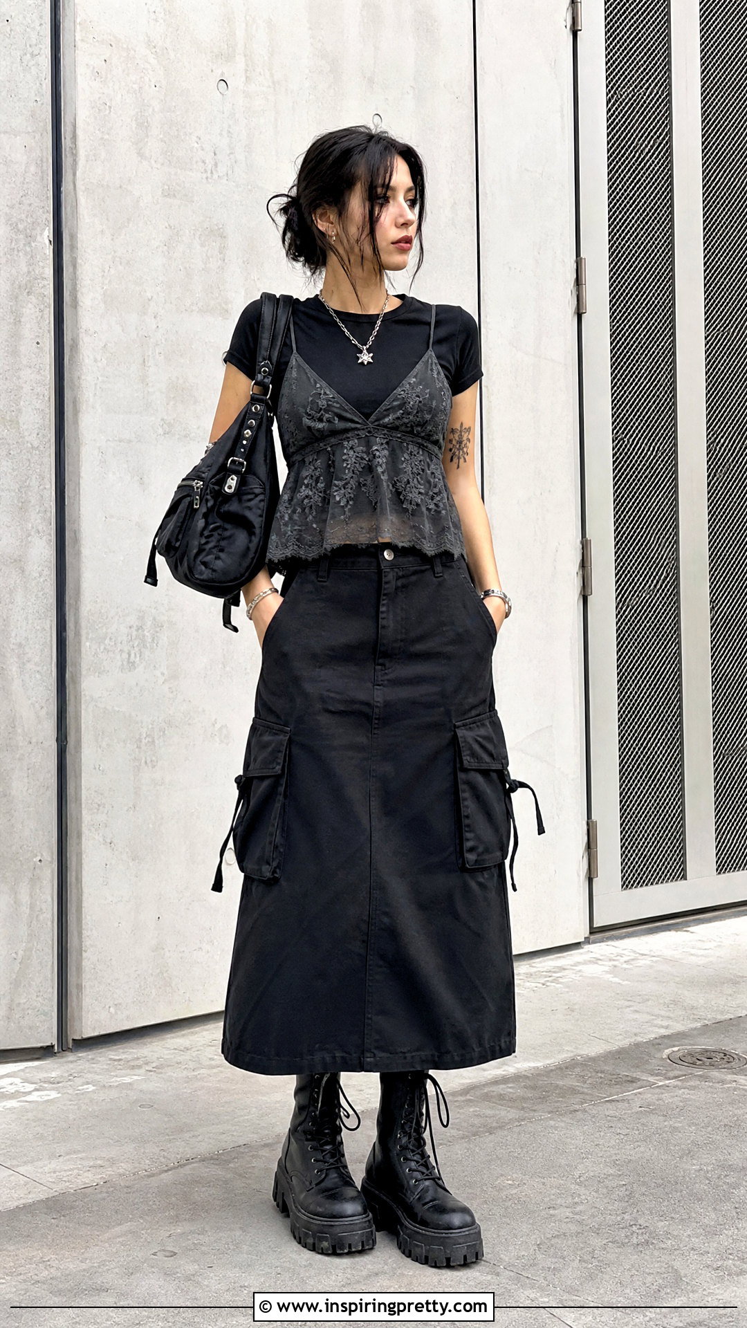 Black T Shirt Under Mesh Spaghetti Strap Top With Cargo Skirt - 20 t shirt under spaghetti strap top outfit ideas