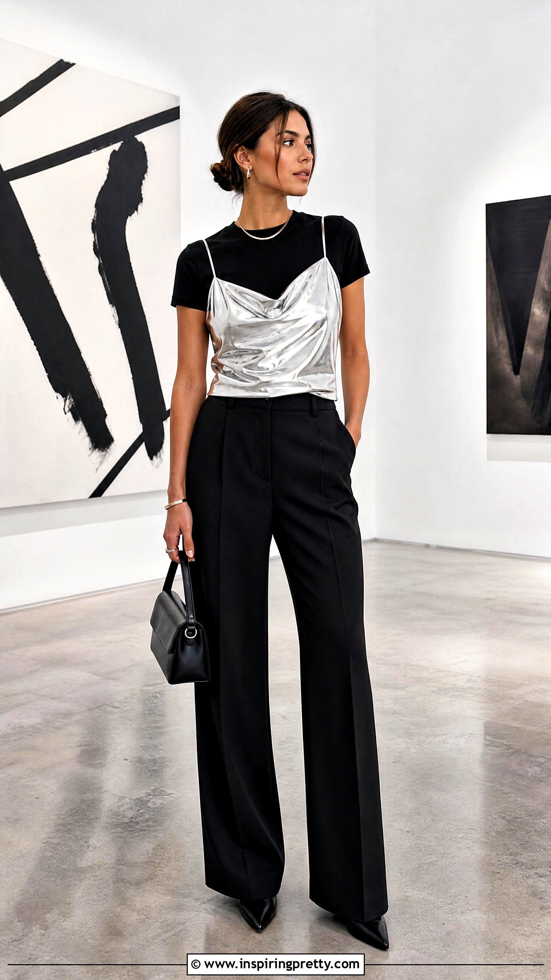 Black T Shirt Under Metallic Spaghetti Strap Top With Tailored Pants - 20 t shirt under spaghetti strap top outfit ideas