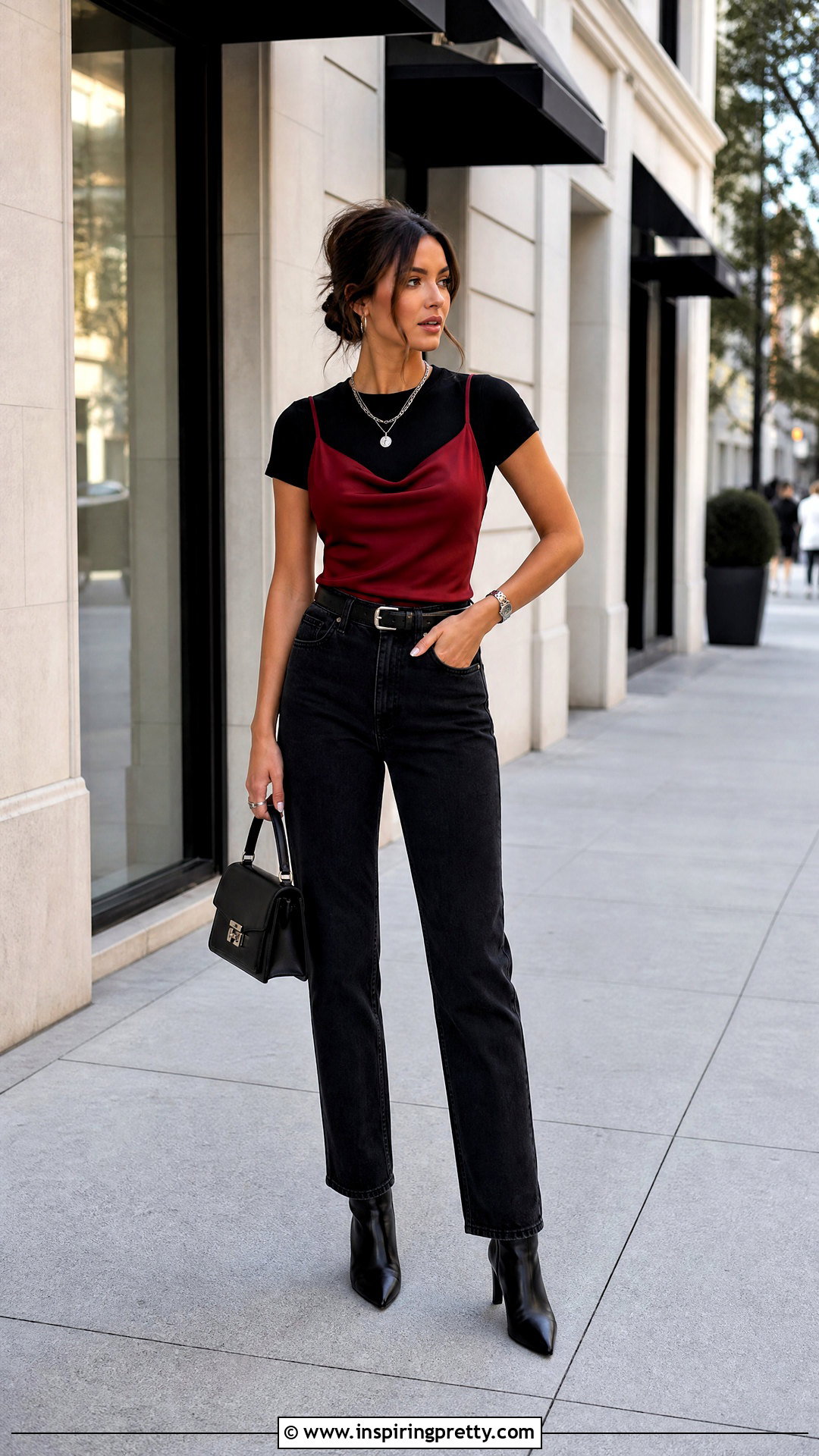 Black T Shirt Under Red Spaghetti Strap Top With Black Jeans - 20 t shirt under spaghetti strap top outfit ideas