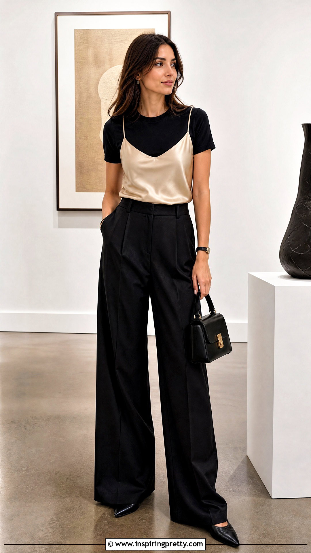 Black T Shirt Under Satin Spaghetti Strap Top With Trousers - 20 t shirt under spaghetti strap top outfit ideas