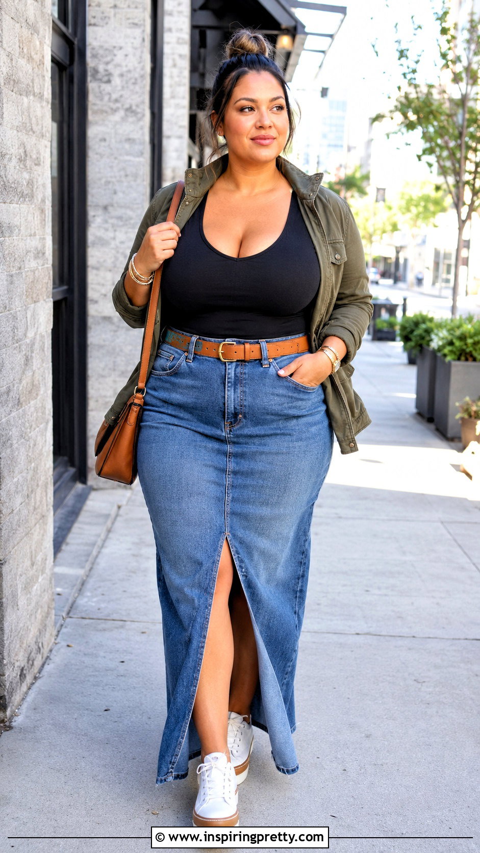 Black T Shirt With Denim Maxi Skirt - 20 busty black top outfit ideas