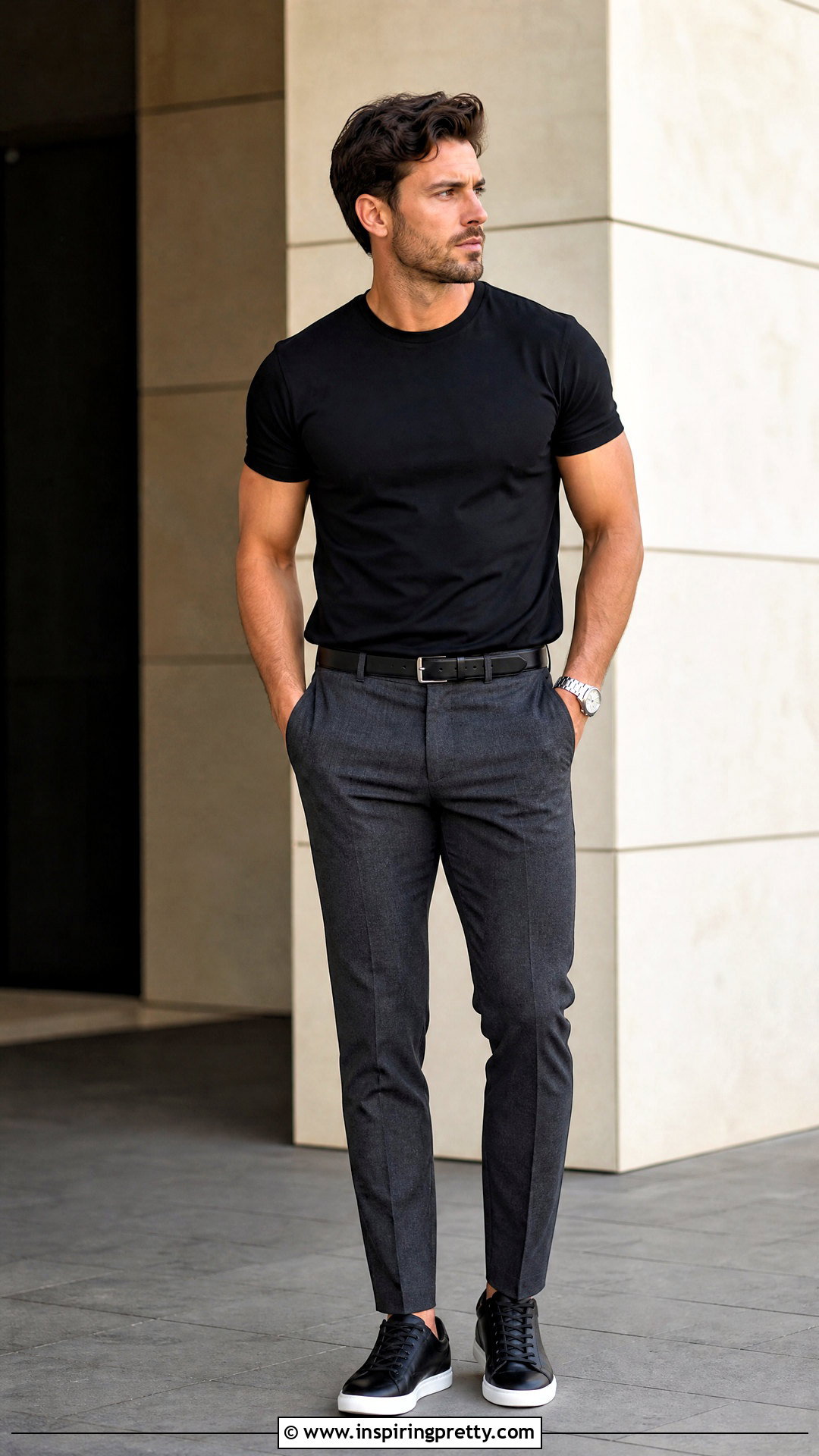 Black T Shirt With Gray Trousers - 50 mens tops outfit ideas