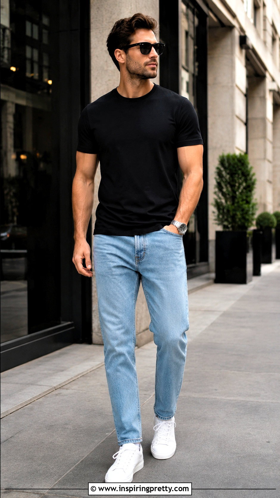 Black T Shirt With Light Blue Jeans And White Sneakers - 20 Light Blue Jeans Black Top Men
