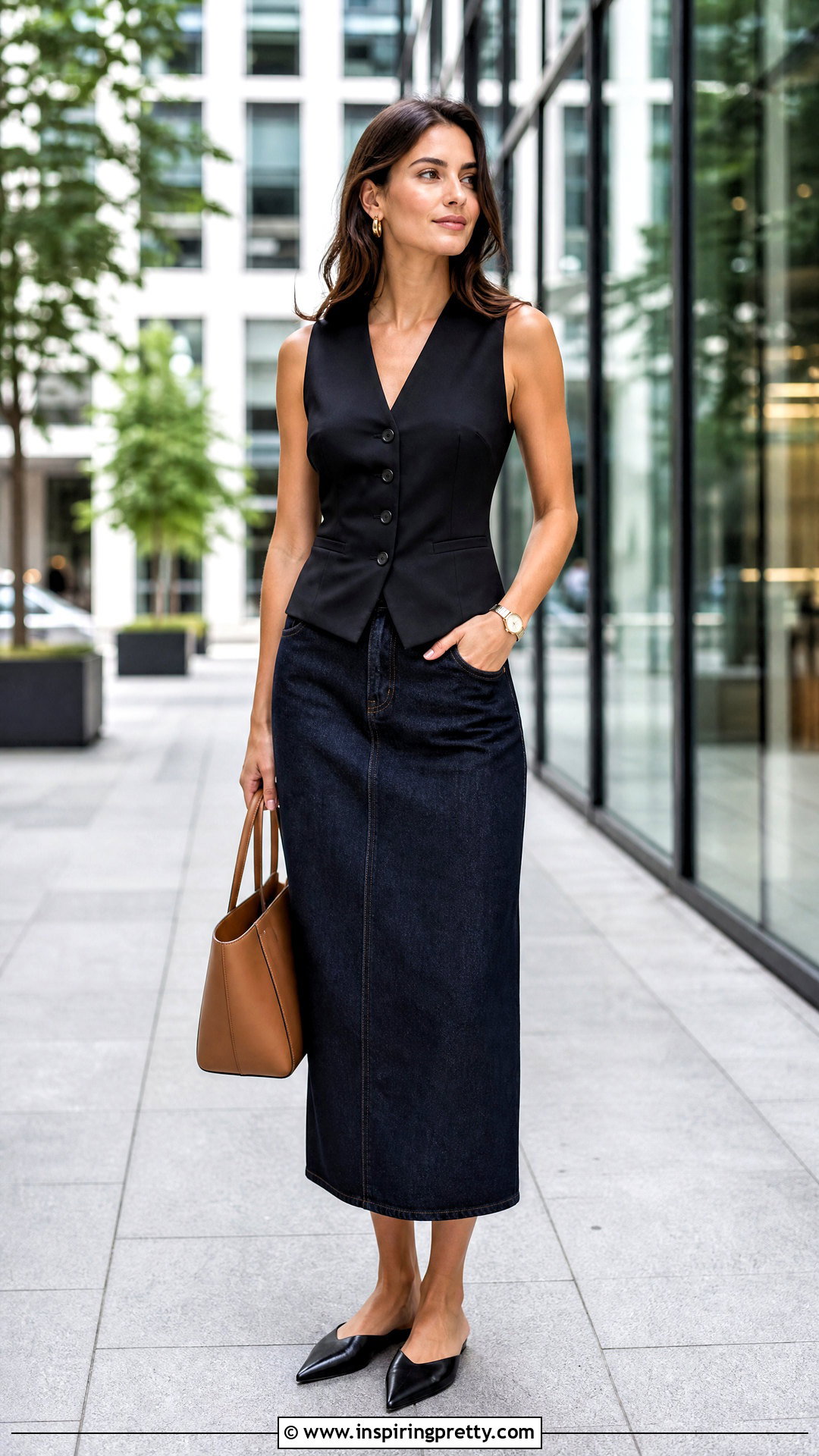 Black Tailored Vest With Dark Denim Midi Skirt And Pointed Flats - 20 Black Top With Denim Skirt And Accessories