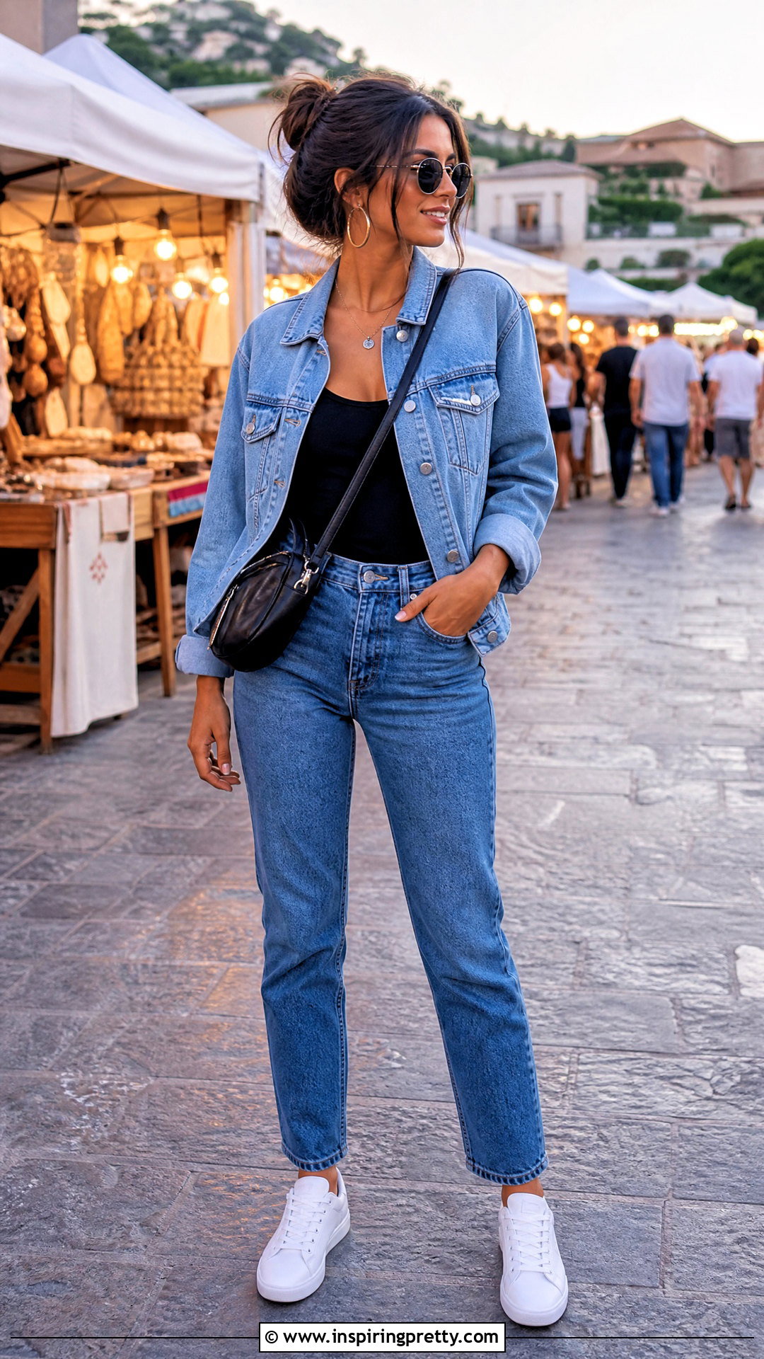 Black Tank And Denim Jacket With Blue Jeans - 50 blue jeans black top outfit ideas