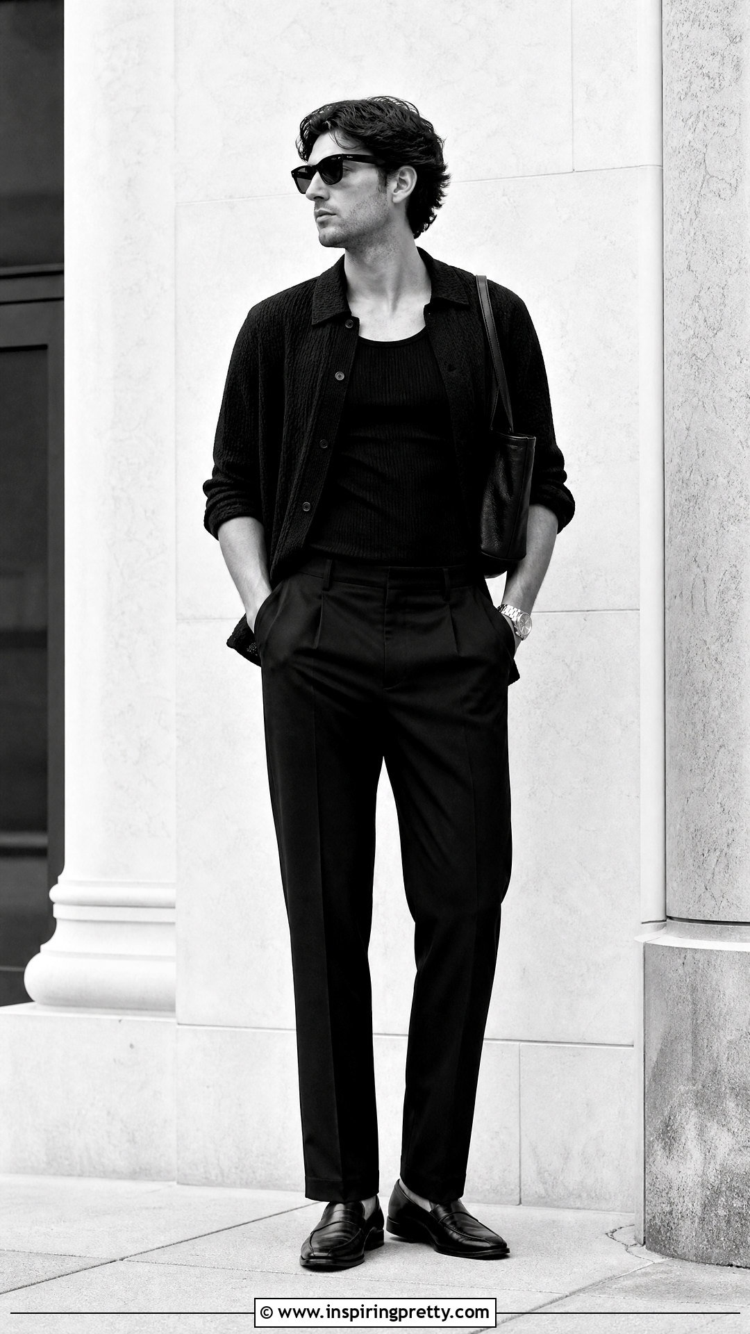 Black Tank Top And Monochrome Button Up Shirt With Black Trousers - 25 Tank Top And Button Up Shirt Men outfit ideas