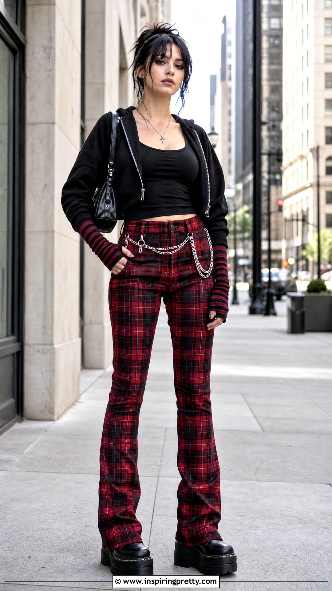 Black Tank Top And Plaid Pants Emo Outfit - 50 emo top outfit ideas