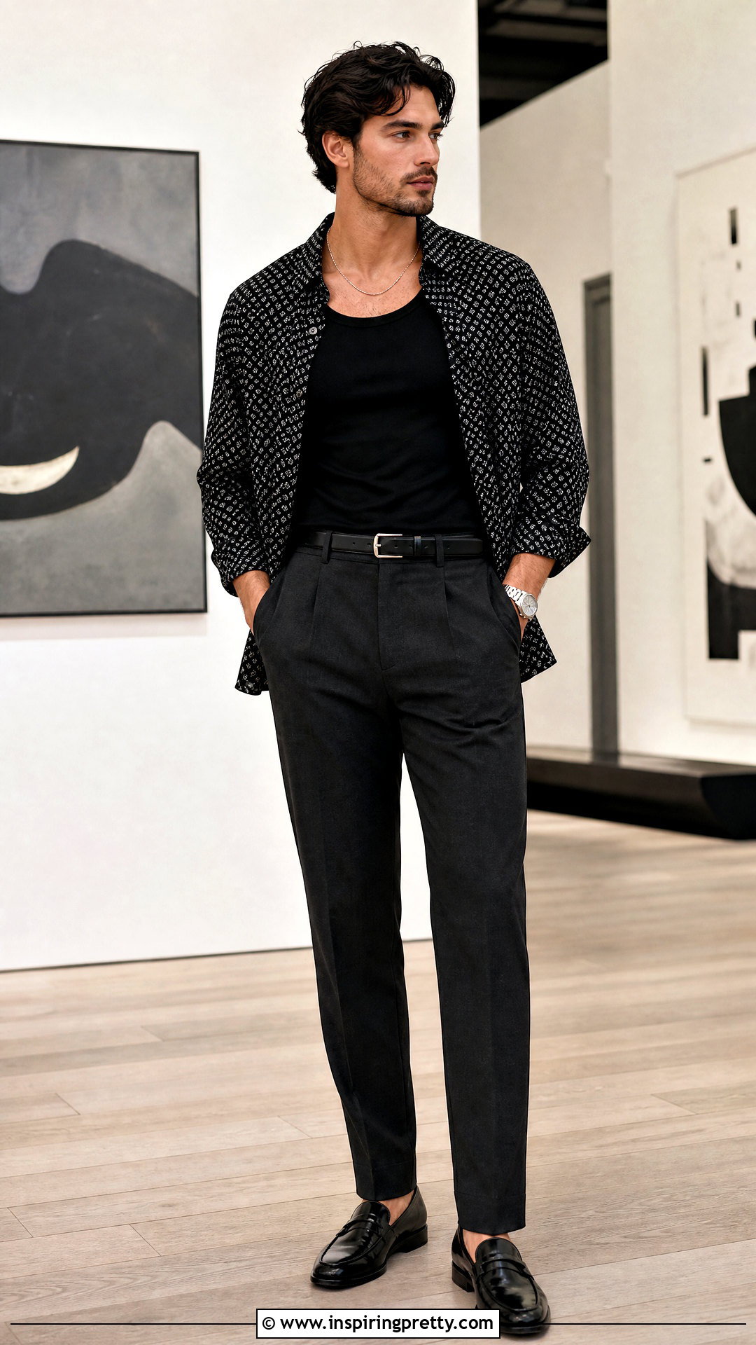 Black Tank Top And Printed Button Up Shirt With Trousers - 25 Tank Top And Button Up Shirt Men outfit ideas