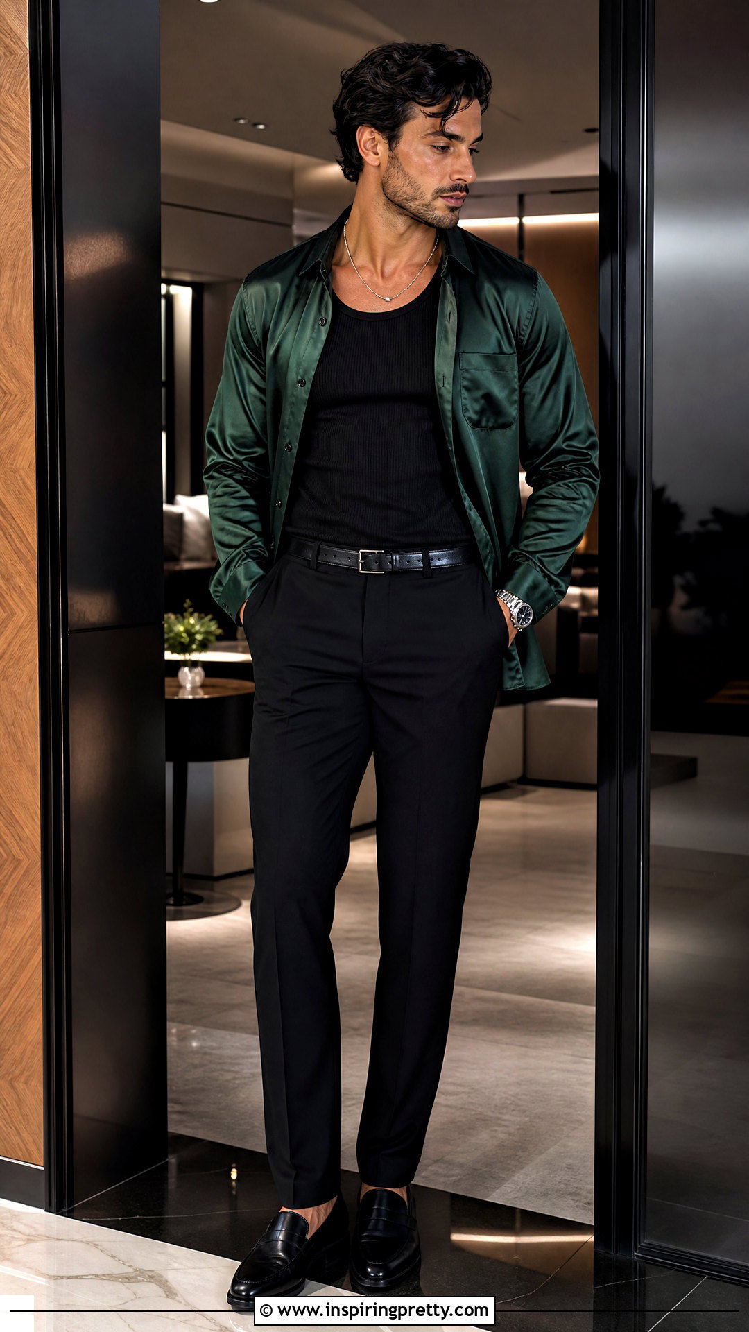 Black Tank Top And Satin Button Up Shirt With Tailored Pants - 25 Tank Top And Button Up Shirt Men outfit ideas