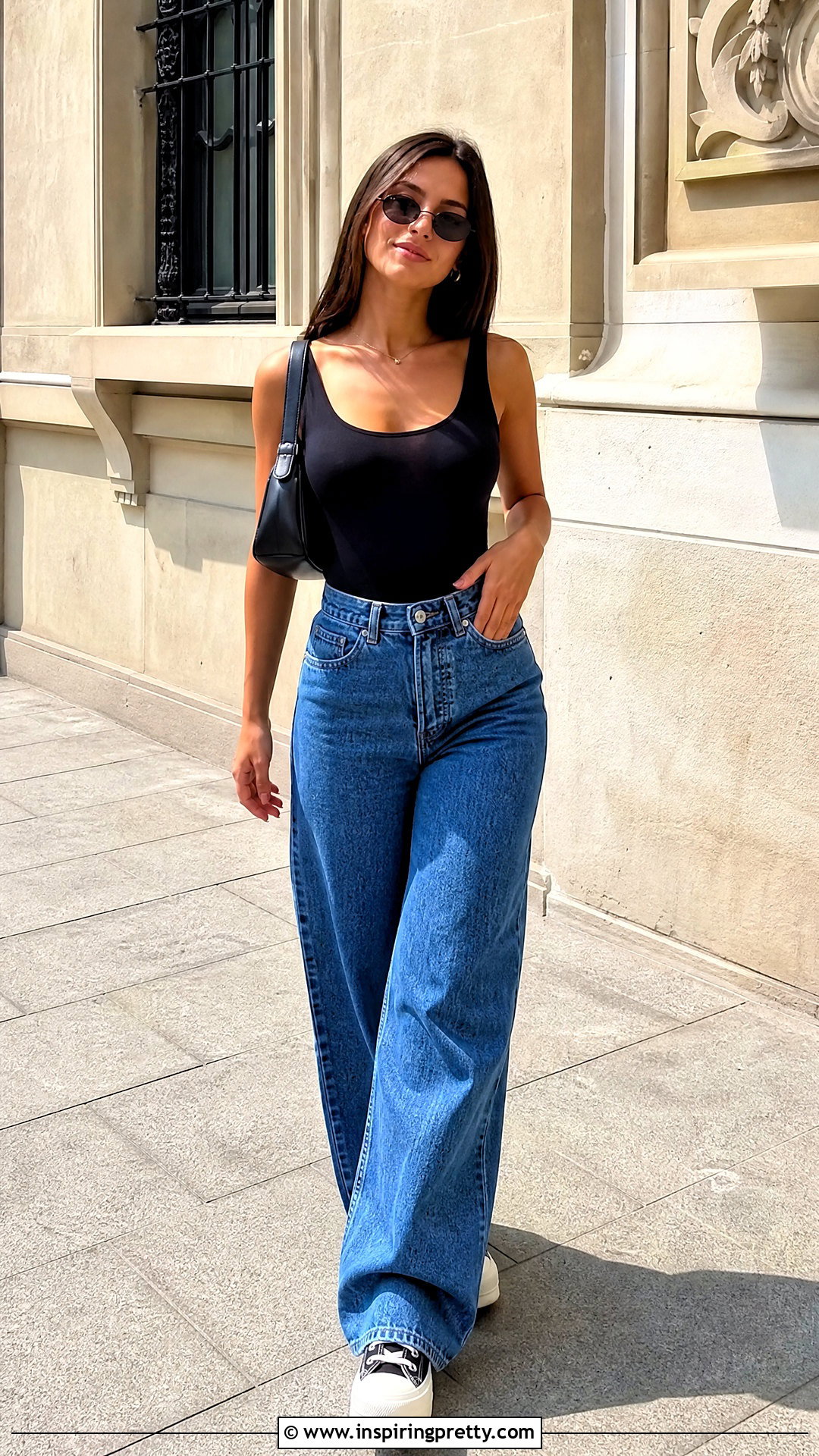 Black Tank Top And Wide Leg Jeans Hand On Hip Pose - 50 Poses In Jeans Top Aesthetic Ideas