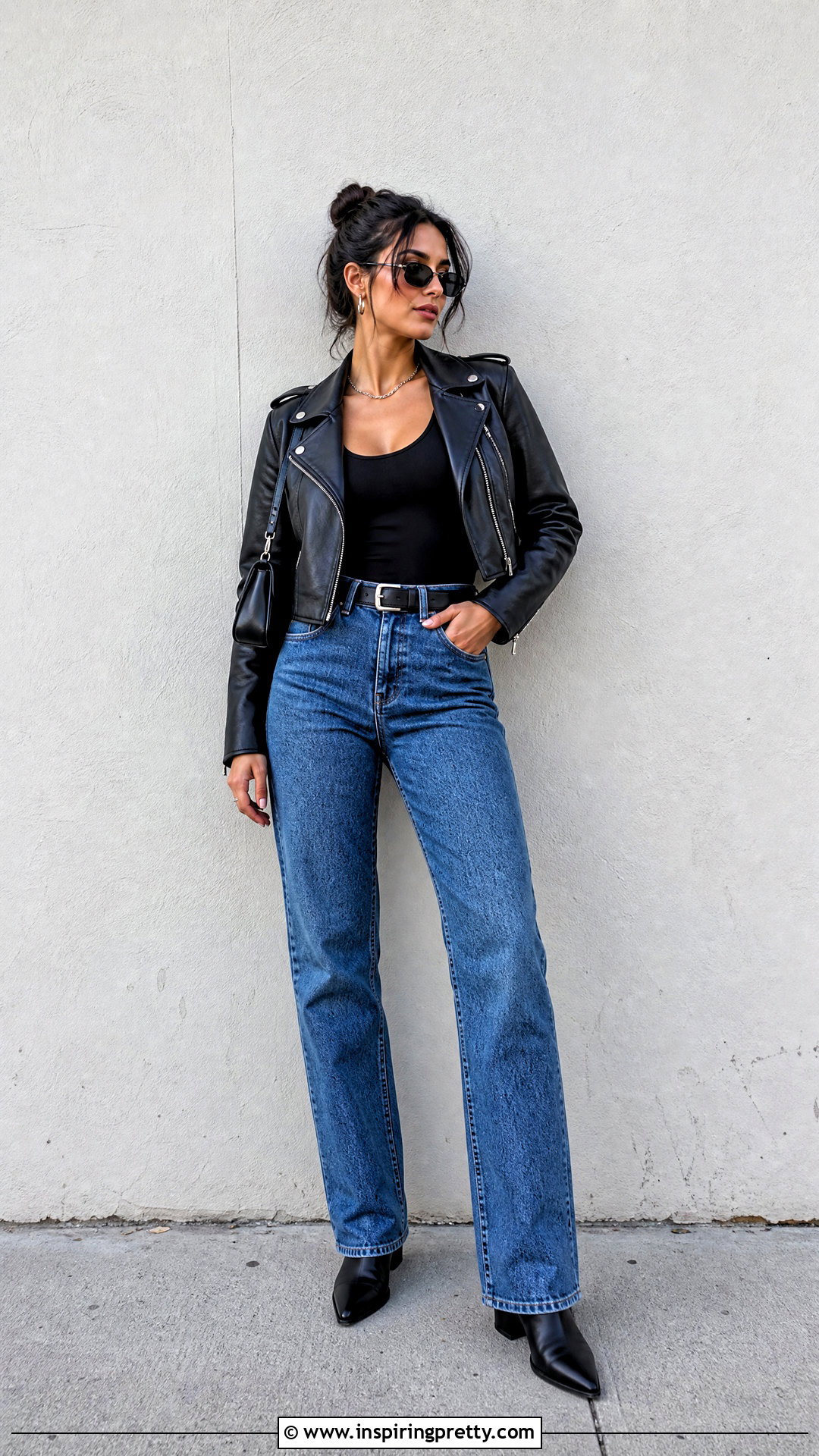 Black Tank Top Jeans And Leather Jacket - 50 tank top and jeans outfit ideas