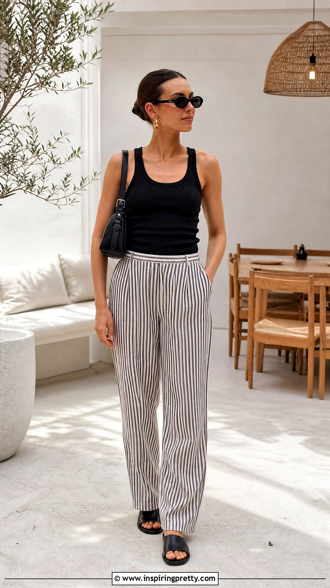 Black Tank Top Striped Pants and Flat Sandals - what top to wear with striped pants (20 ways)